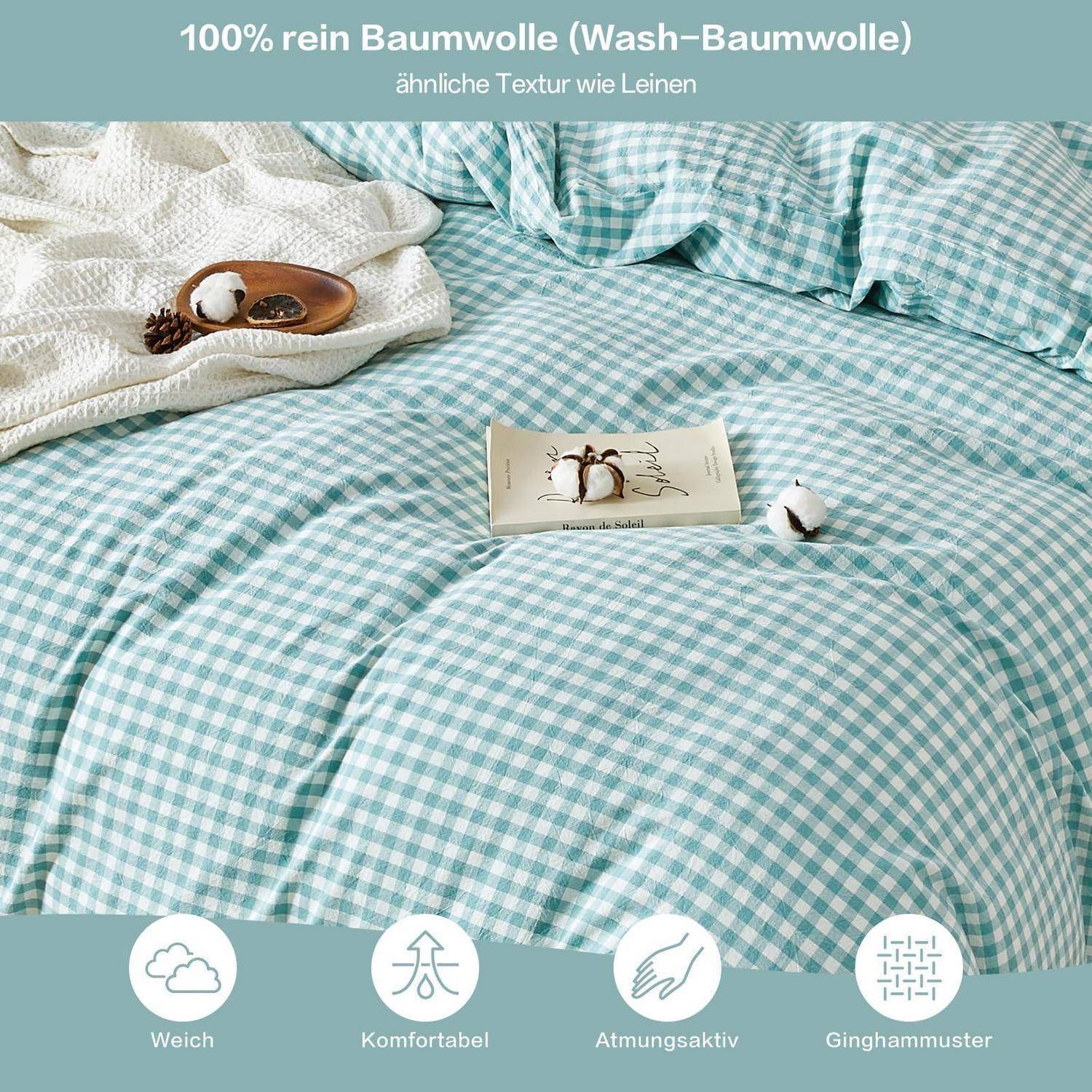 Bett mit mintgrüner Gingham-Baumwollbettwäsche und Kissen, mit 100% reiner Waschbaumwolle, weich, bequem, atmungsaktiv.