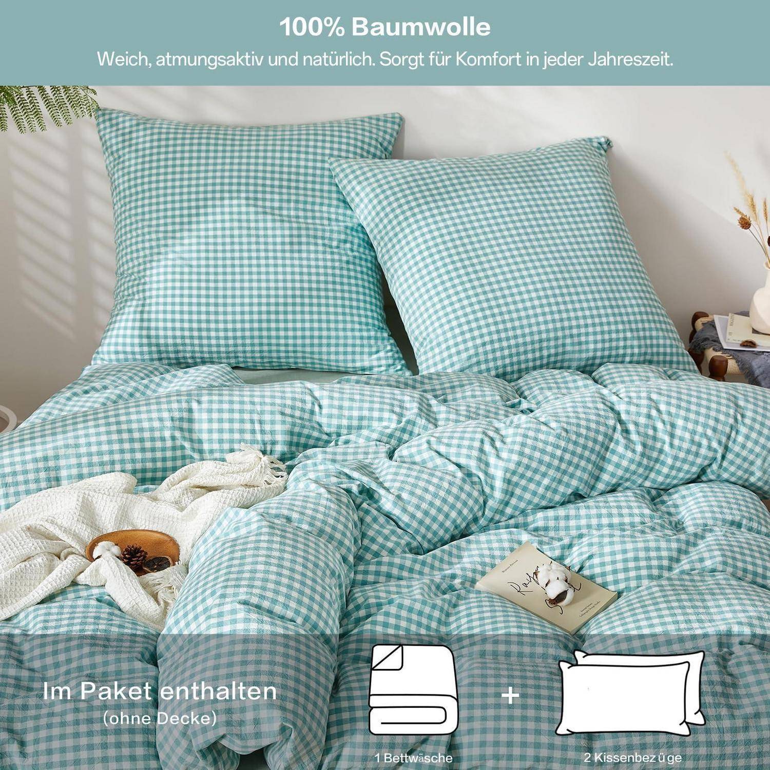 Anzeige für 100% Baumwoll-Bettwäsche: Minzgrüner Gingham-Bettdeckenbezug mit zwei passenden Kissenbezügen, plus ein Spannbettlaken, gezeigt auf einem Bett.