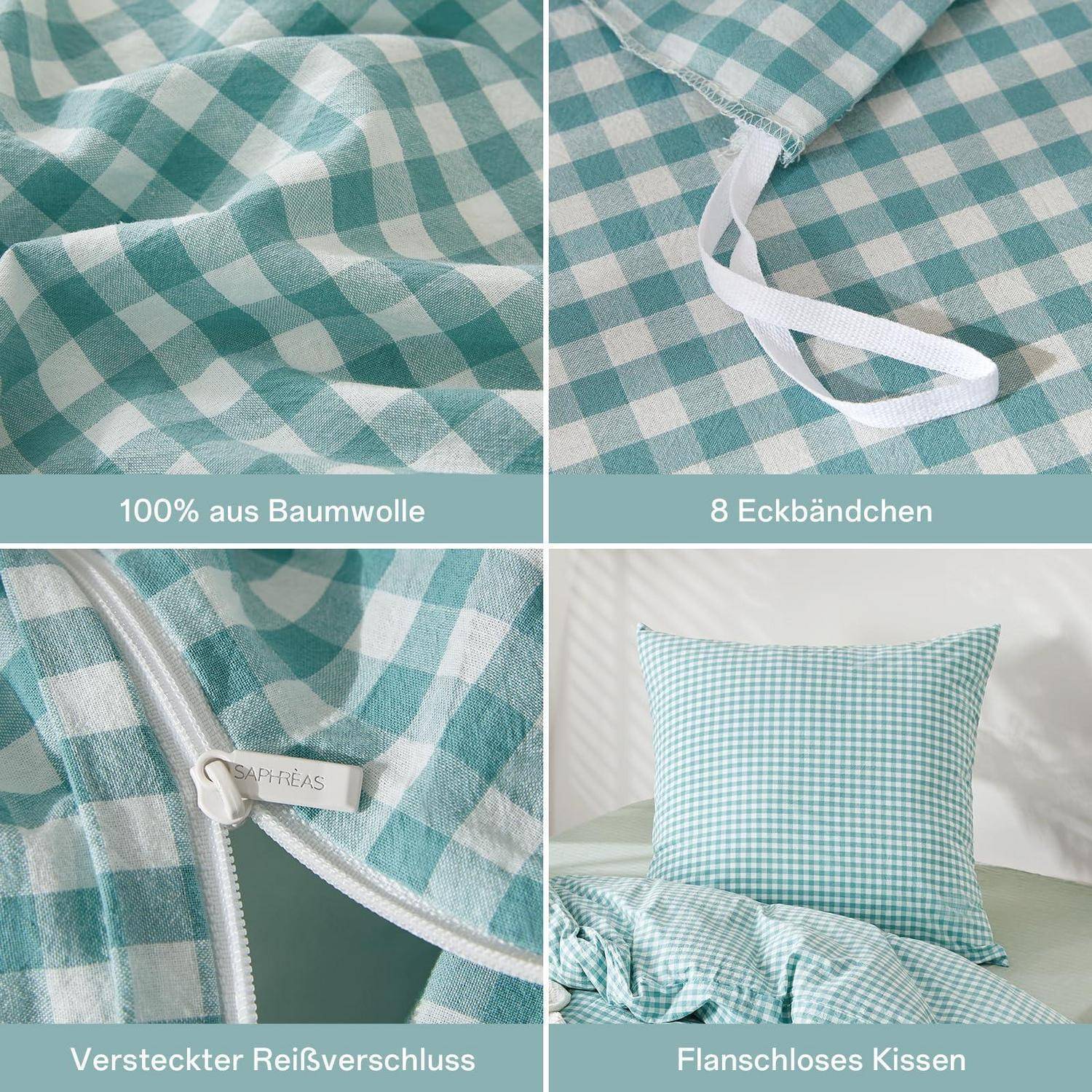 Vierteiliges Produktbild einer mintgrünen Gingham-Kissenhülle mit 100 % Baumwolle, 8 Eckbändern, verborgenem Reißverschluss und einem Design ohne Flange.