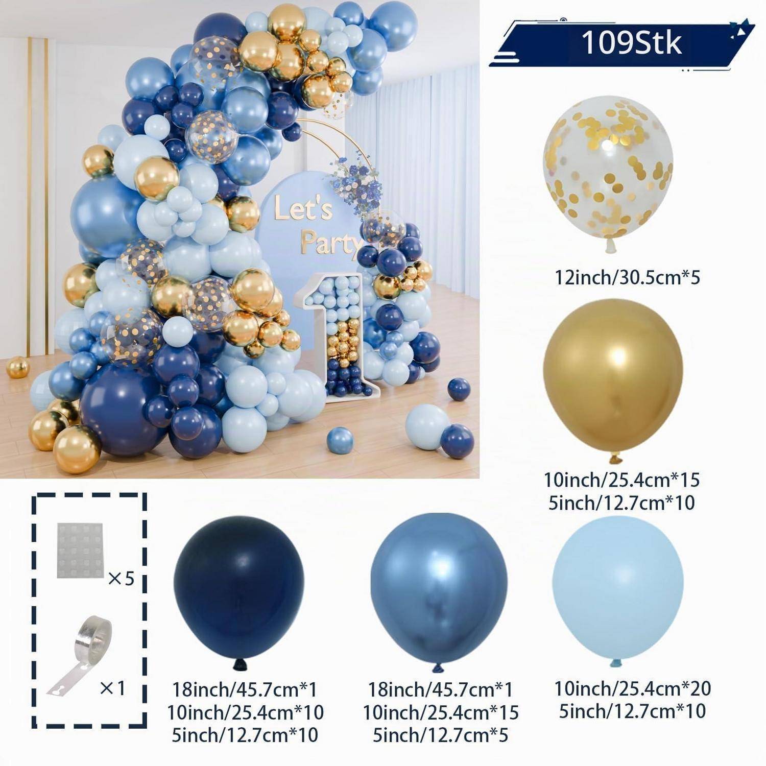 Blauer, goldener und weißer Ballonbogen zur Partydekoration mit „Let's Party"-Schild und Ballonnummern 1; die Einfügung zeigt enthaltene Ballongrößen und Mengen.
