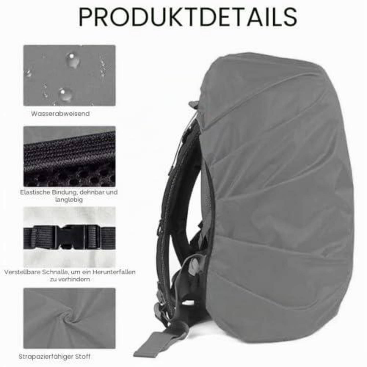 Grauer Rucksack-Regenschutz mit Produktdetails, die wasserabweisendes Material, elastische Bindung, verstellbarer Schnalle und strapazierfähigem Stoff zeigen.
