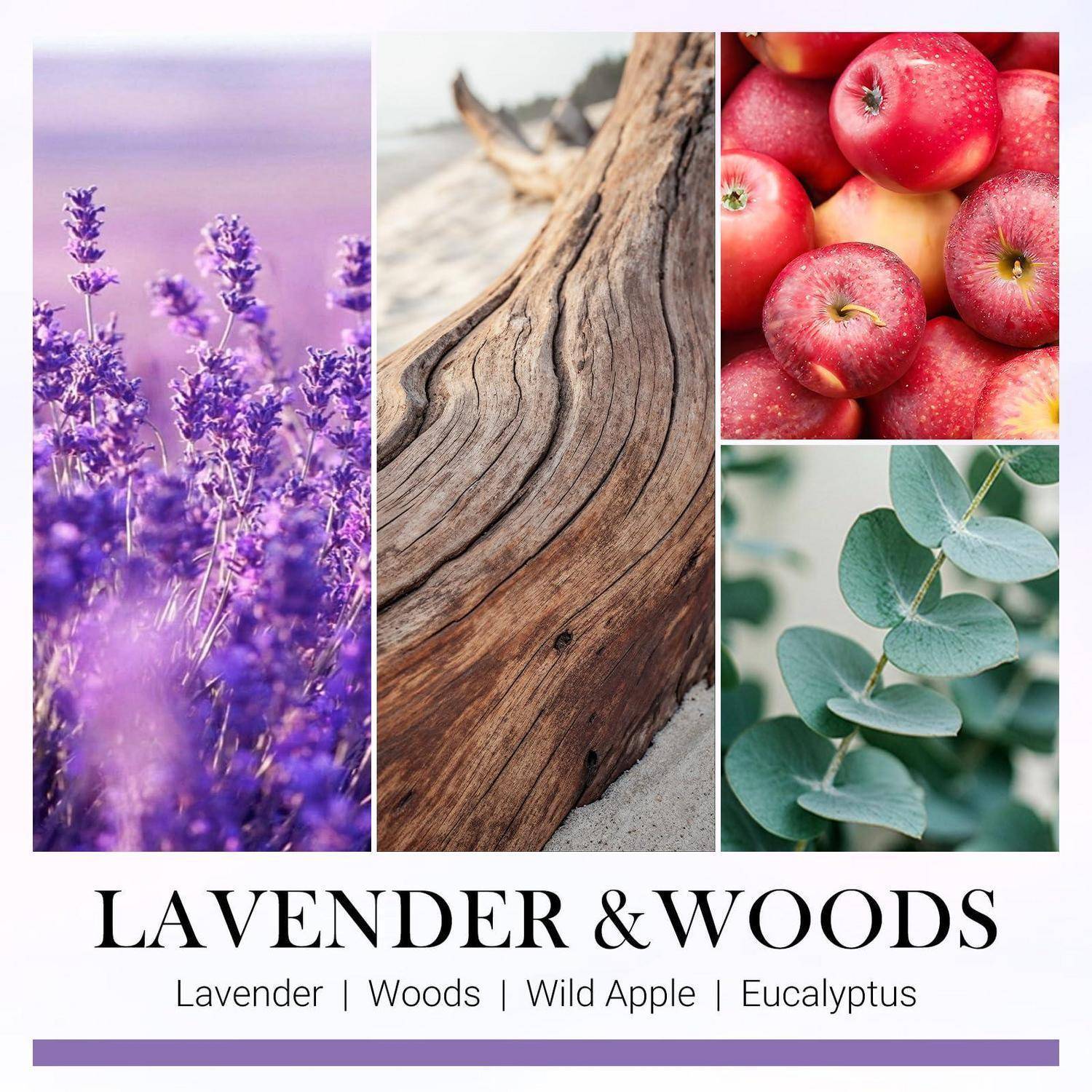 Werbekollage für „Lavender & Woods" mit Lavendelblüten, verwittertem Treibholz, roten Äpfeln und Eukalyptusblättern, mit unten aufgelisteten Duftnoten.