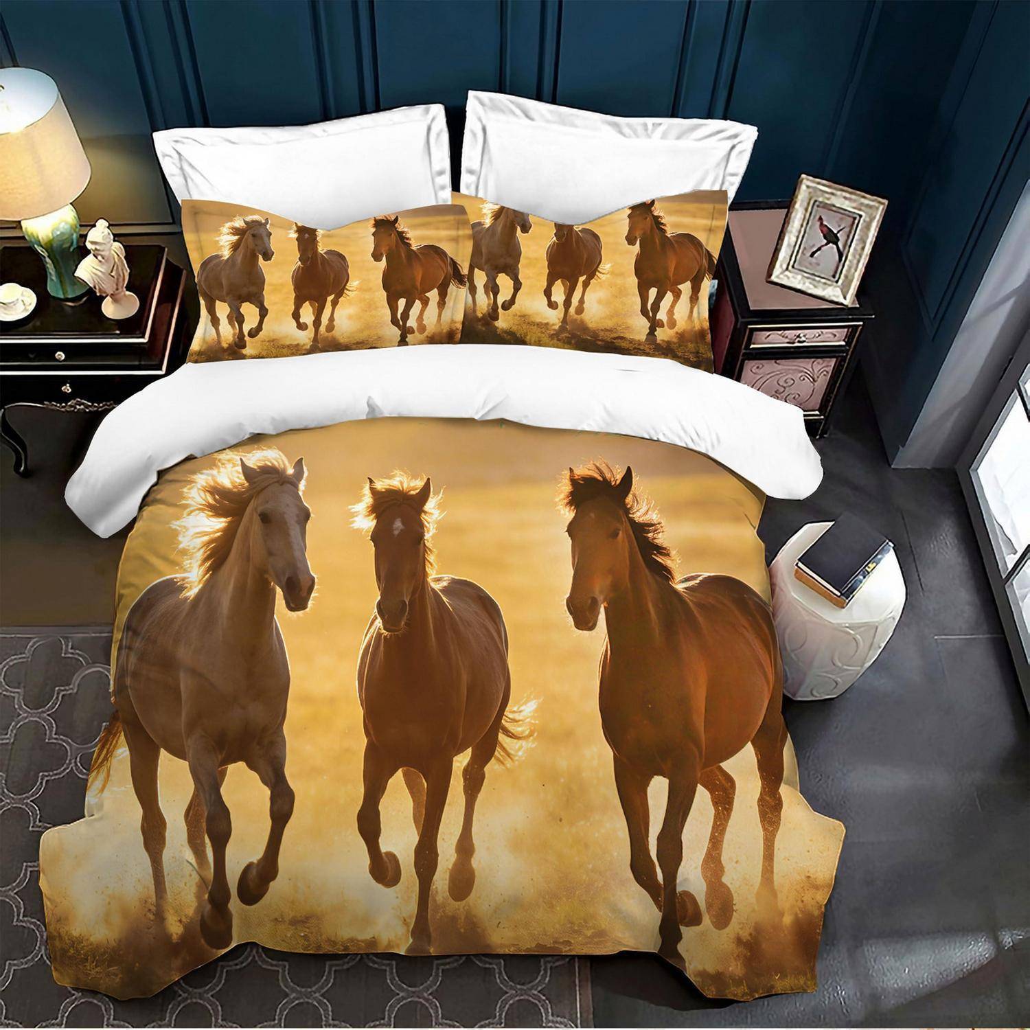 Pferdemotiv-Bettwäsche-Set mit großem Pferdeduvet-Bezug und passenden Kissenbezügen in einem Schlafzimmer