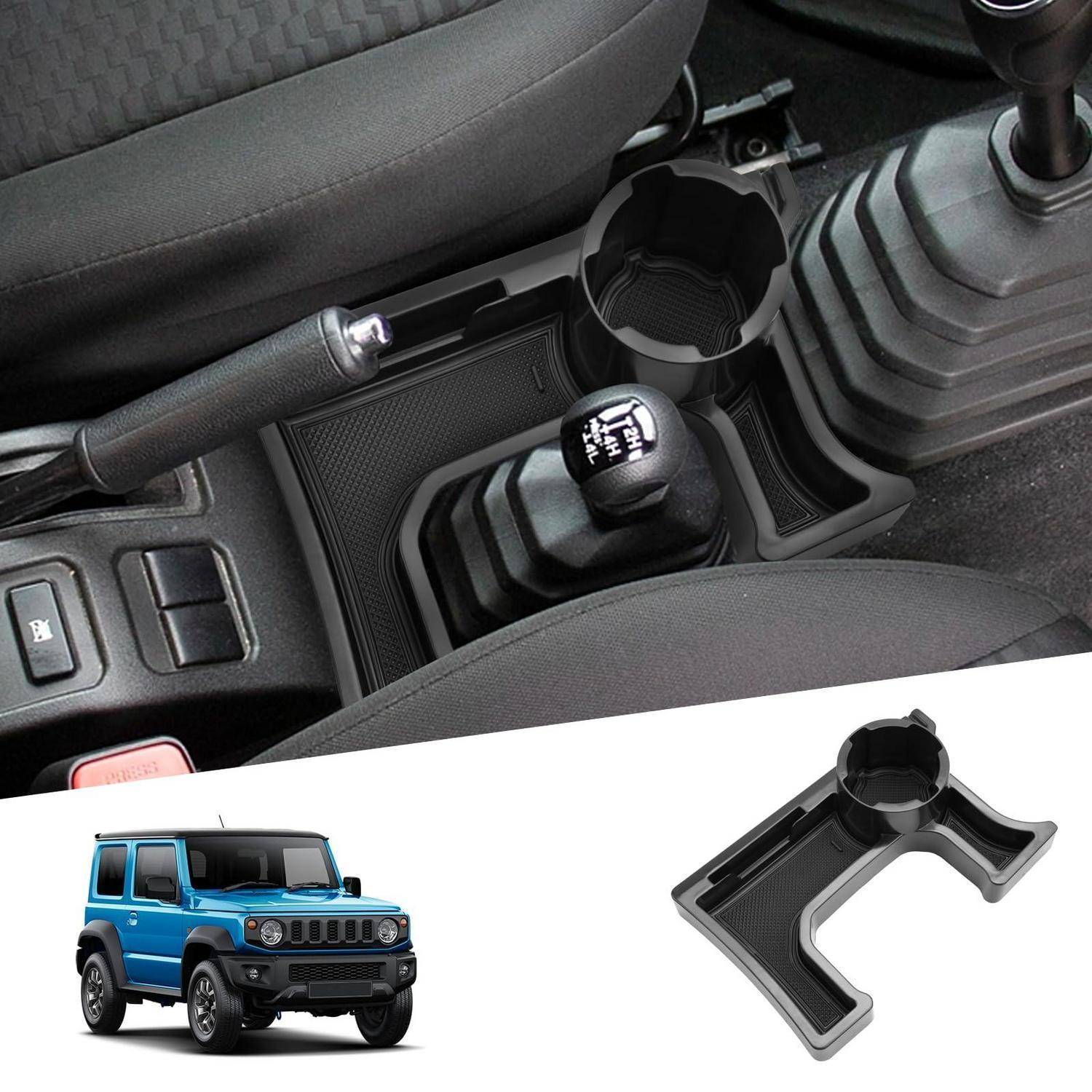 Mittelkonsole mit manuellem Schaltknüppel und Getränkehalter-Einsatz-Organizer für ein blaues Geländewagen-SUV-Interieur.