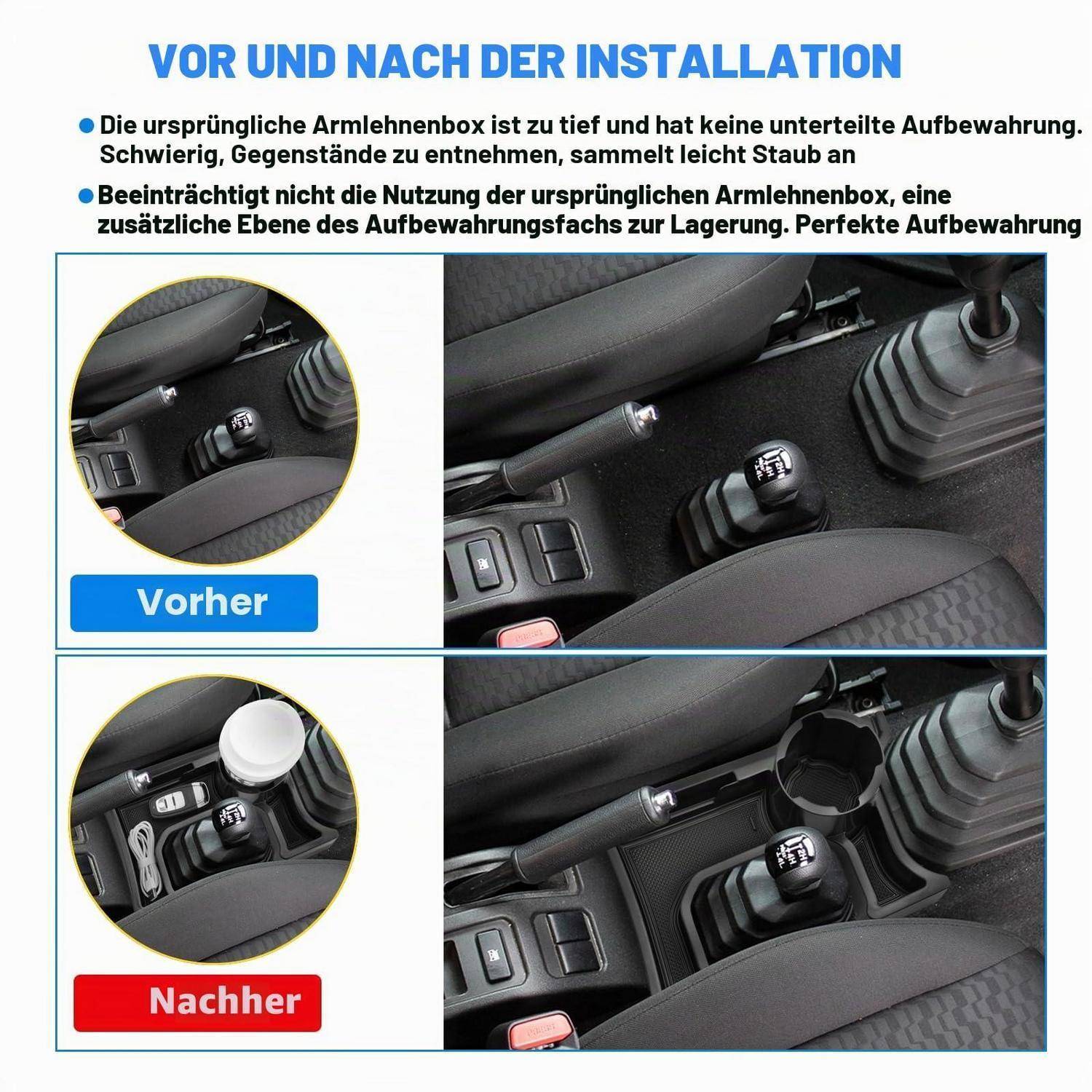 Deutsche Vergleichsgrafik einer Autokonsole vor und nach der Installation eines zusätzlichen Ablagefachs für die Armlehne, die verbesserten Stauraum um den Schalthebel zeigt.