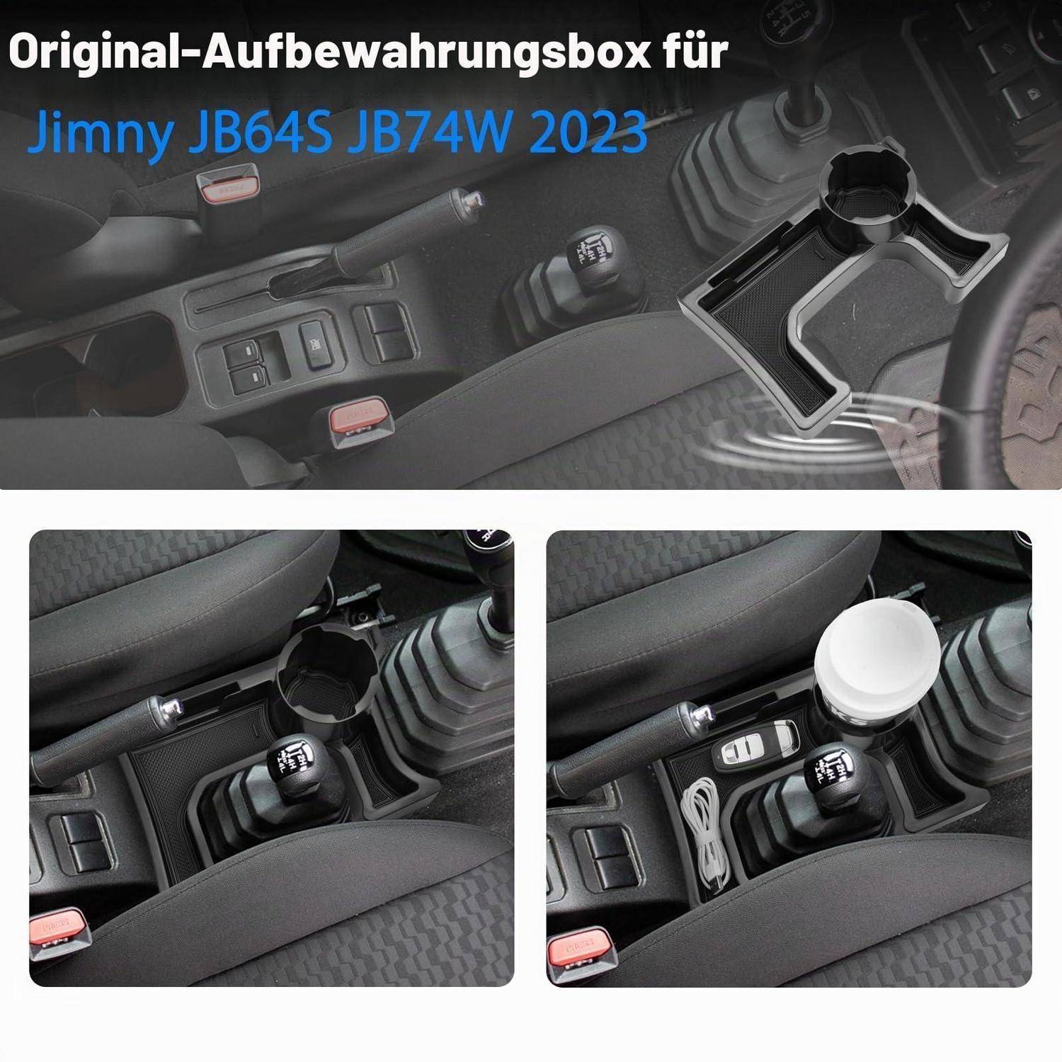 Werbekollage, die einen Autoinnenraum-Getränkehalter-Aufbewahrungseinsatz für 