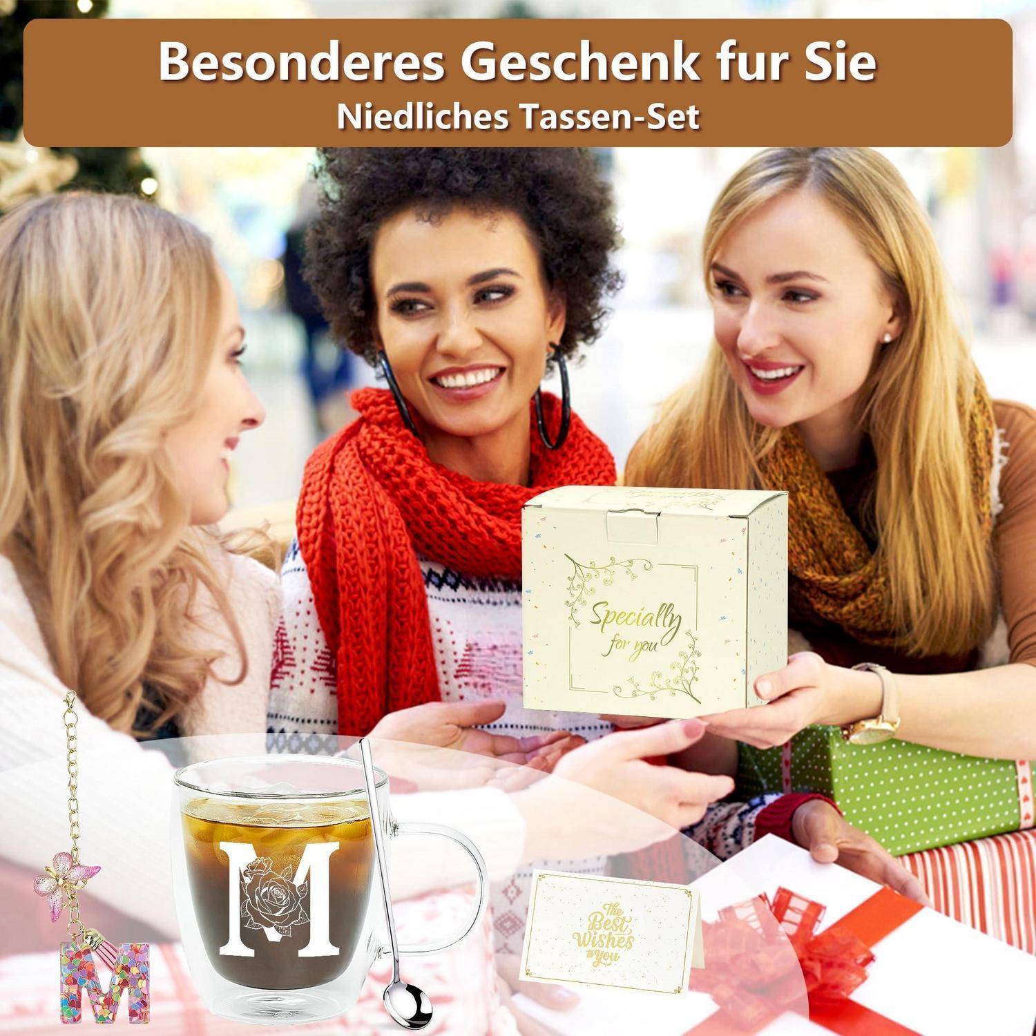Drei Frauen lächeln, während sie eine Geschenkbox mit der Aufschrift „Besonders für Sie" präsentieren; Ein deutsches Banner sagt „Besonderes Geschenk für Sie"" und „Niedliches Tassen-Set"".