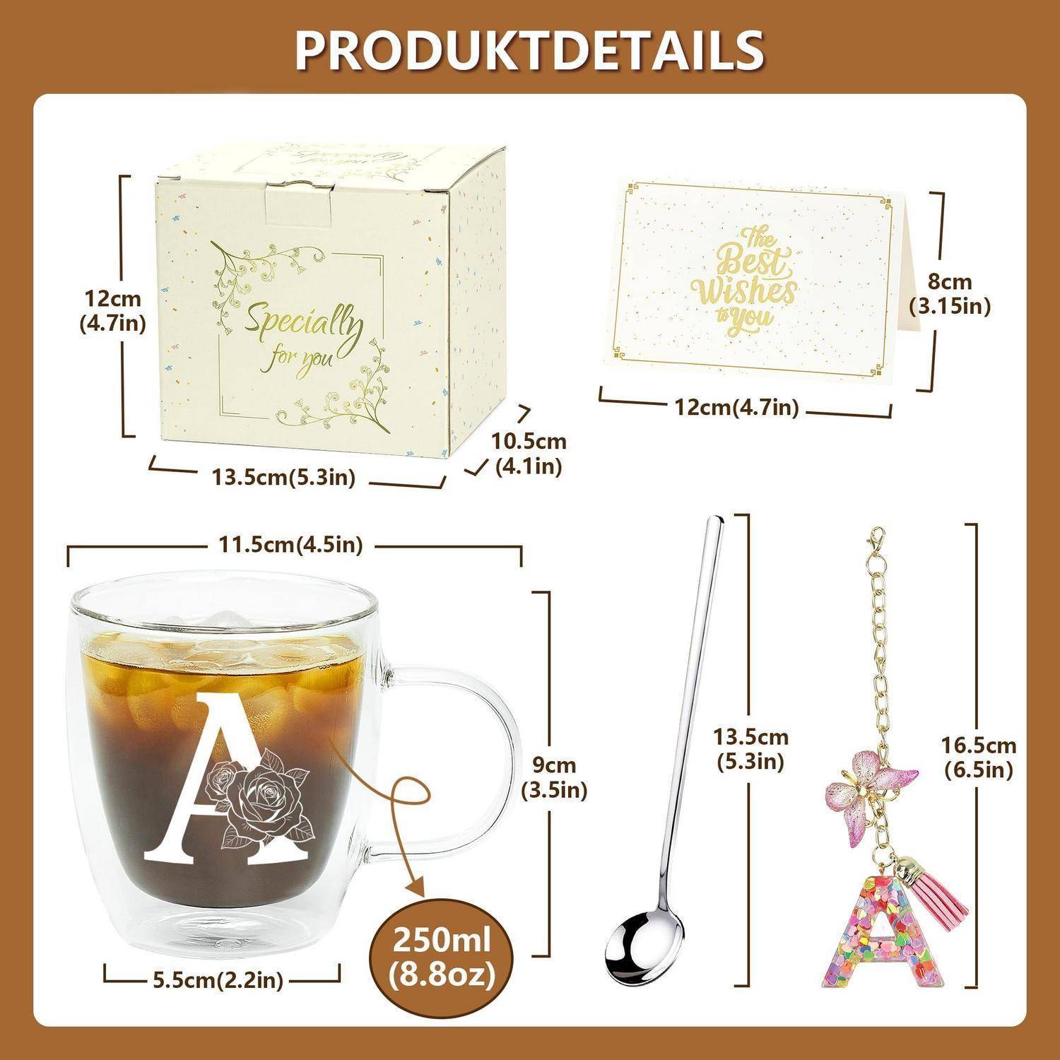 Produktdetails-Collage mit einer Geschenkbox, einer Karte, einem 250-ml-Monogramm-Glasbecher, einem Löffel und einem Schmetterlings-Schlüsselanhänger, jeweils mit aufgelisteten Abmessungen.