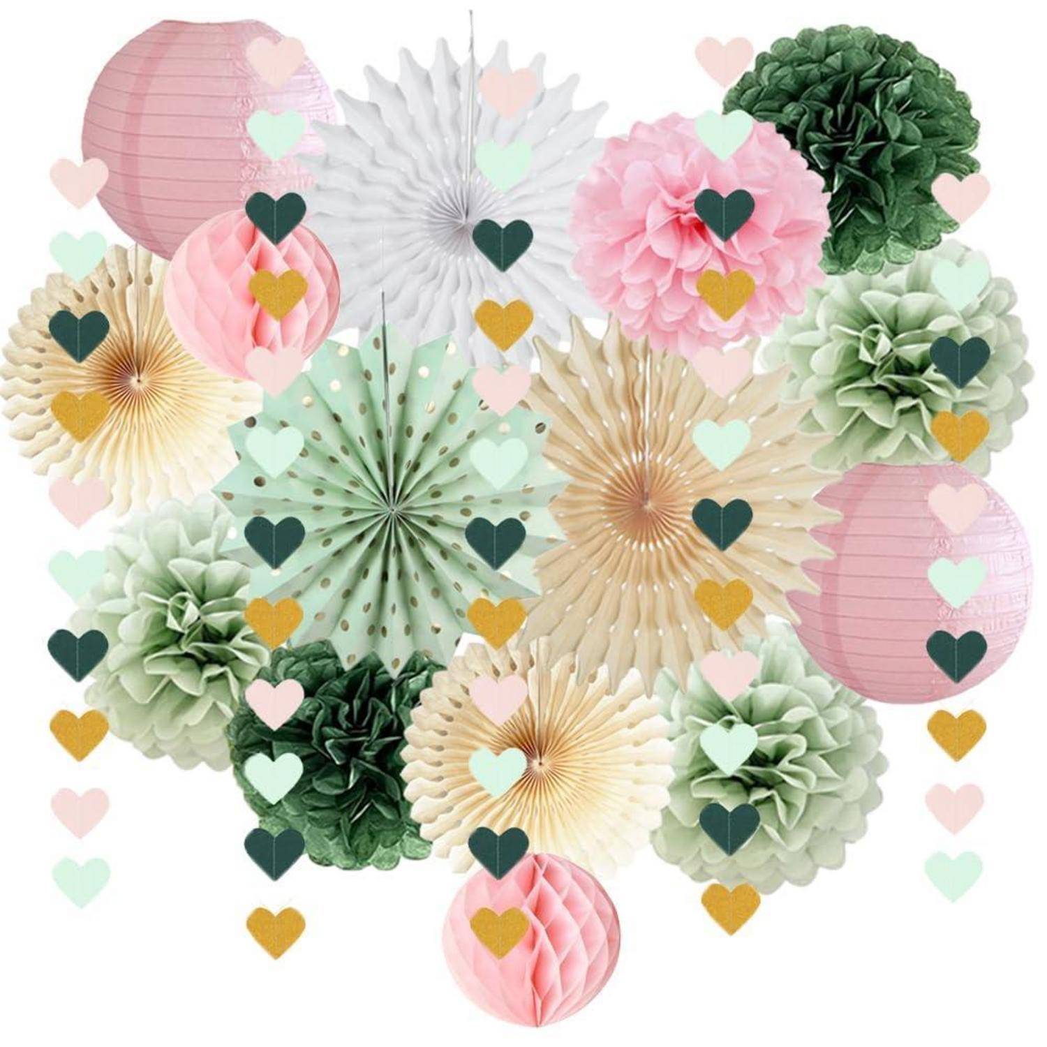 Sortiment von Pastellpapier-Wabenmuster und Ziehharmonika-Blumen mit verstreuten Herzausschnitten auf weißem Hintergrund.