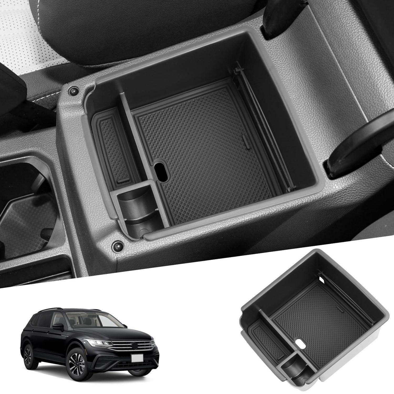 Ablagefach für die Mittelkonsole des Autos mit abnehmbarem Organizer-Behälter und Getränkehalter, gezeigt installiert und als separate Produktansicht neben einem schwarzen SUV.