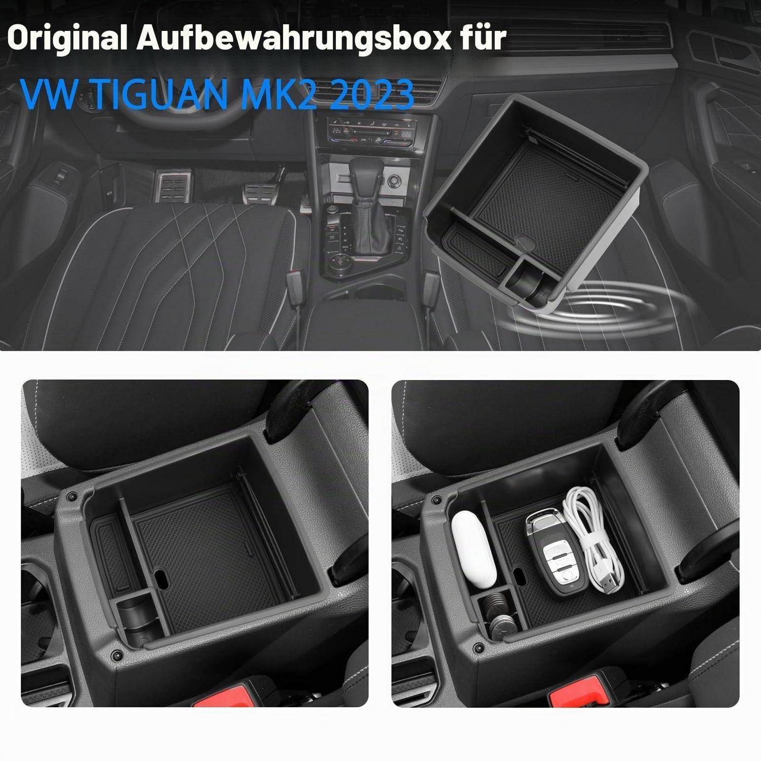 Werbebild einer original Aufbewahrungsbox für VW Tiguan MK2 2023, dargestellt installiert in der Mittelkonsole mit Fachbeispielen leer und gefüllt mit kleinen Gegenständen.