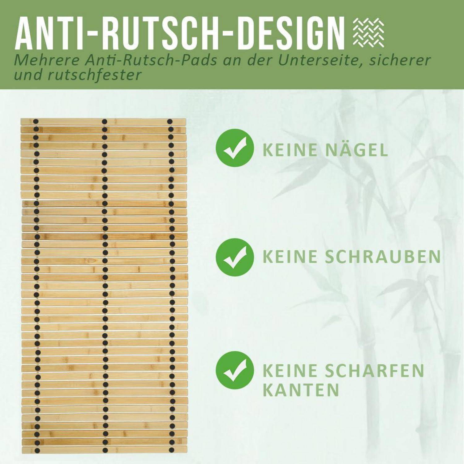 Bambusunterlage mit rutschfestem Design; Text besagt keine Nägel, keine Schrauben, keine scharfen Kanten.