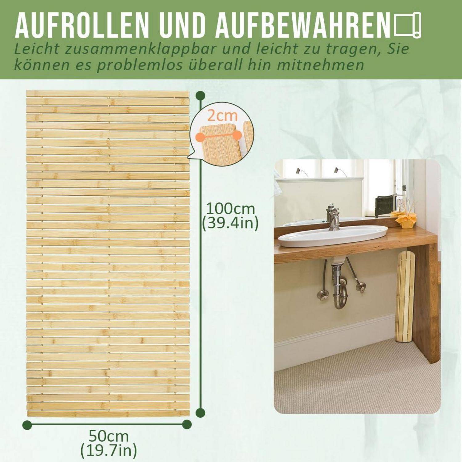 Produktgrafik, die eine aufrollbare Bambusmatte zur Verwendung unter dem Waschbecken zeigt, 100 cm hoch und 50 cm breit, mit 2 cm breiten Lamellen; enthält ein Installationsbeispiel für ein Badezimmer-Waschbecken.
