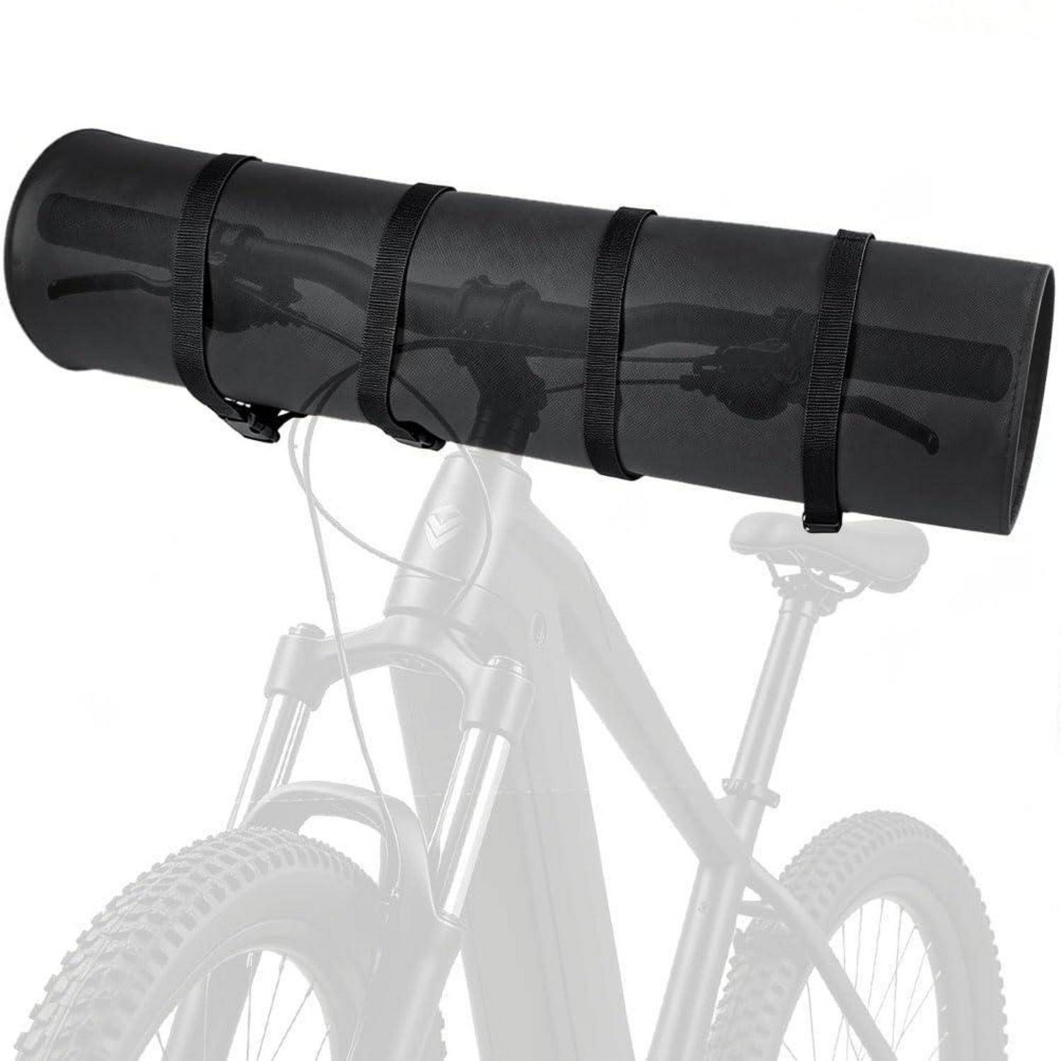 Schwarze zylindrische Fahrrad-Rahmentasche mit Riemen, horizontal auf dem Fahrradrahmen montiert zum Transportieren von Ausrüstung.