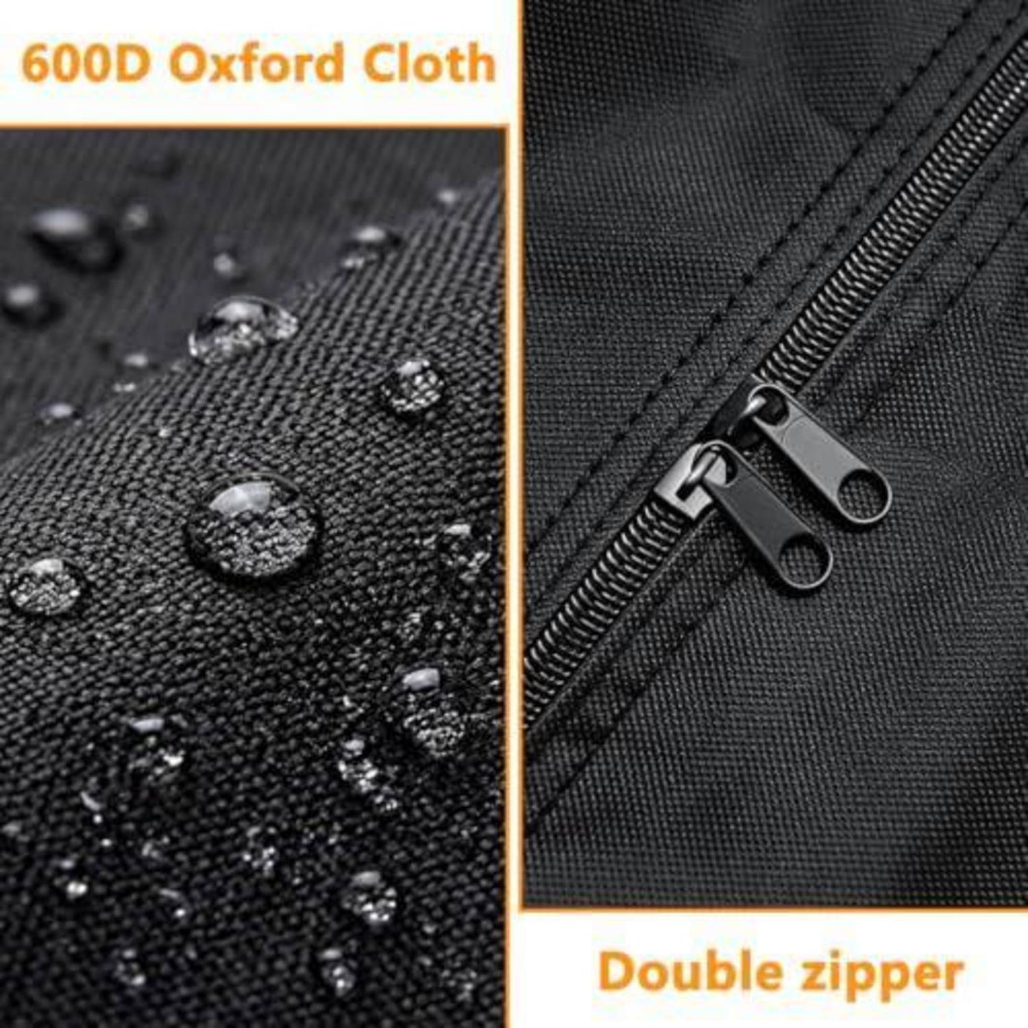 Werbebild mit geteilter Ansicht: Schwarzer 600D Oxford-Stoff mit wasserfesten Stoffeigenschaften und Wassertropfen sowie eine Nahaufnahme eines Doppelreißverschlusses.