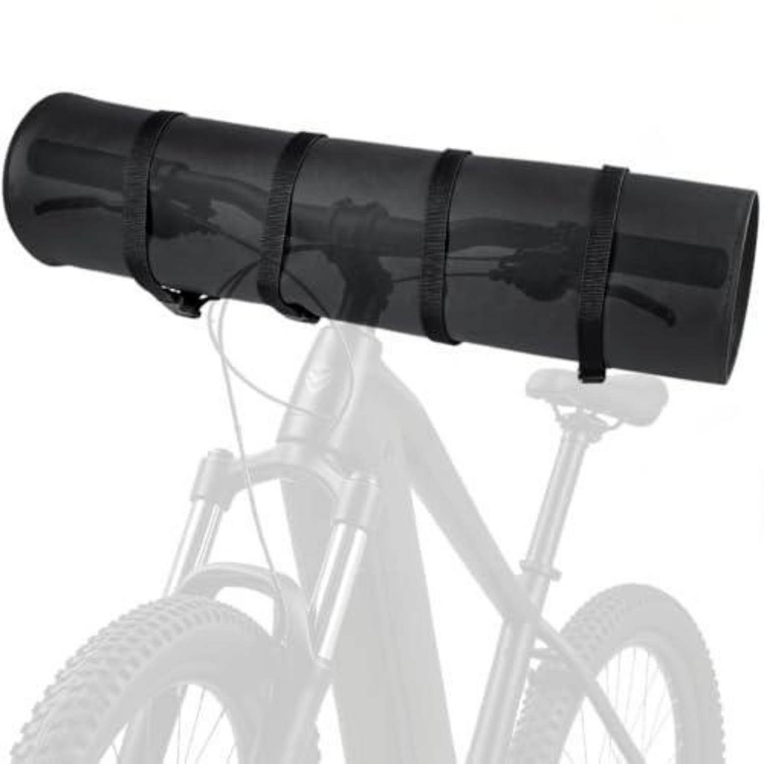 Schwarze zylindrische Fahrradrahmentasche oder Rolle, horizontal an einem Fahrradrahmen befestigt, mit einem schwach sichtbaren Fahrrad darunter.