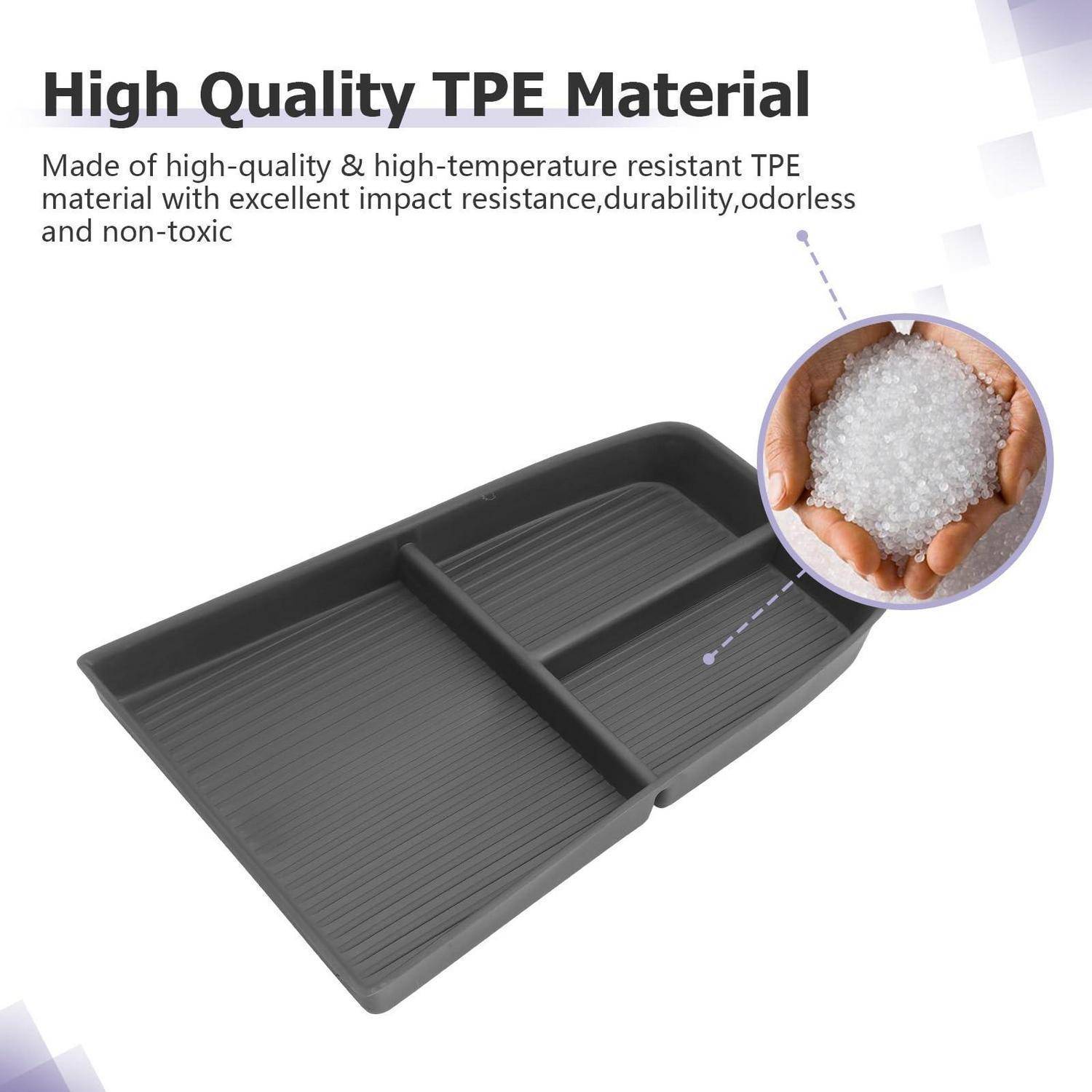 Schwarzes strukturiertes Tablett mit der Aufschrift „High Quality TPE Material" (hochwertige TPE-Material), mit Einsatz, der TPE-Granulate in Händen zeigt, um das langlebige, geruchlose, ungiftige Material zu kennzeichnen.