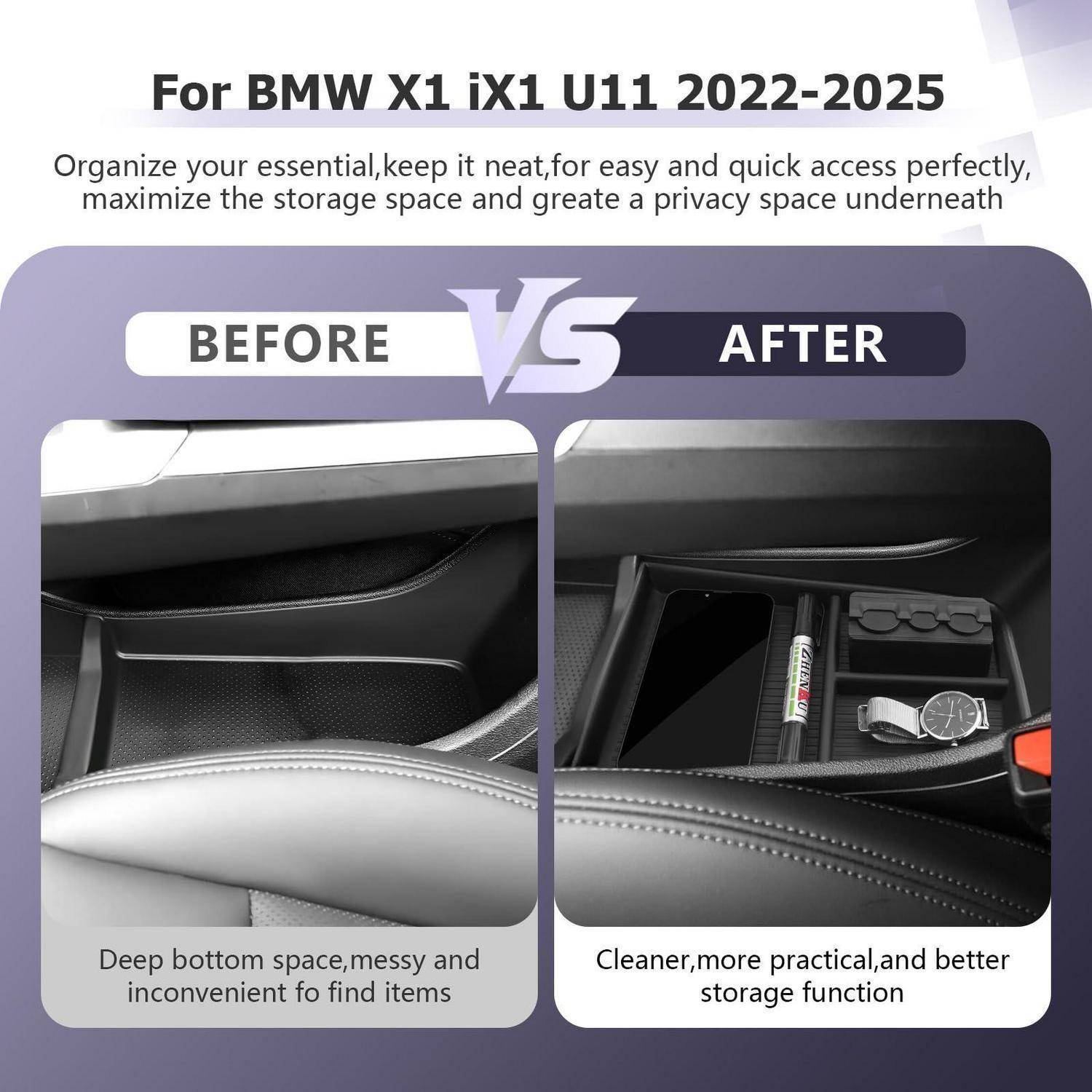 Vorher-Nachher-Vergleich der Mittelablage des BMW X1 iX1 U11 2022-2025: ungeordnetes tiefes Fach versus organisiertes Tablett mit ordentlich gelagerten Gegenständen.