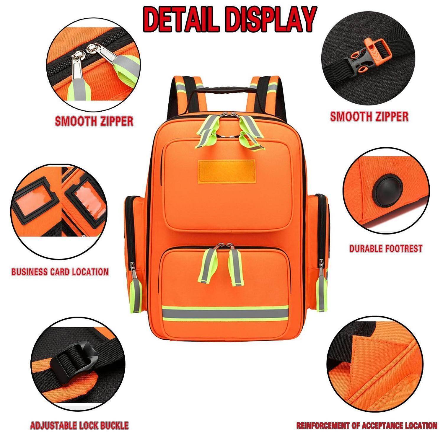 Orange-Rucksack-Detailansicht mit glattem Reißverschluss, Visitenkartenf ach, strapazierfähiger Fußstütze, verstellbarem Verschlussbügel und verstärkten Griff-/Riemenbereich.