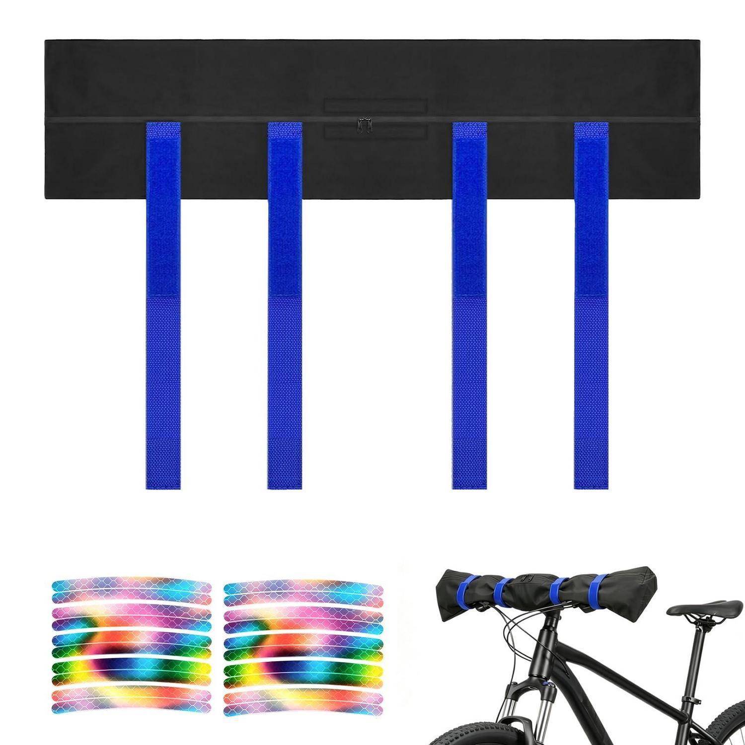 Schwarze Lenkertasche mit vier blauen Riemen, gezeigt mit farbigen reflektierenden Riemenabdeckungen und einer Fahrrad-Tragemontage.