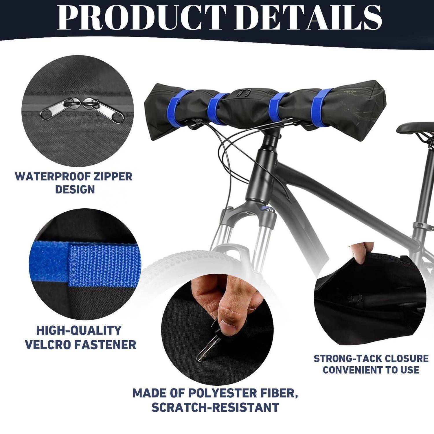 Produktdetailbild einer Fahrradrahmentasche mit wasserdichtem Reißverschlussdesign, hochwertigen Klettverschlüssen, kratzfestem Polyester und starkem Verschluss.