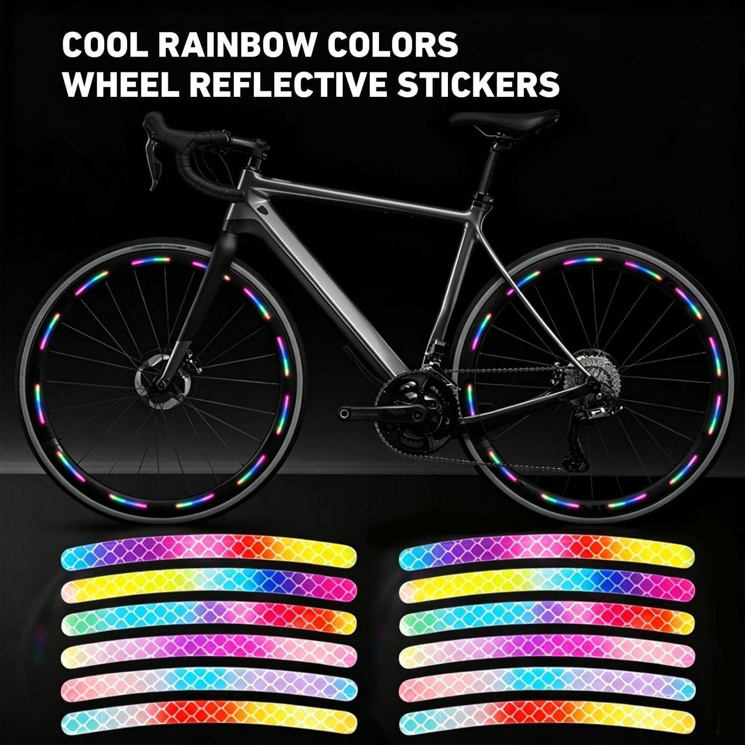 Schwarzes Rennrad mit regenbogenfarbigen reflektierenden Speichenklebstoffern und sechs mehrfarbigen Klebebandstreifen wie unten gezeigt; Text lautet „COOLE REGENBOGENFARBIGE REFLEKTIERENDE SPEICHENSTICKER".