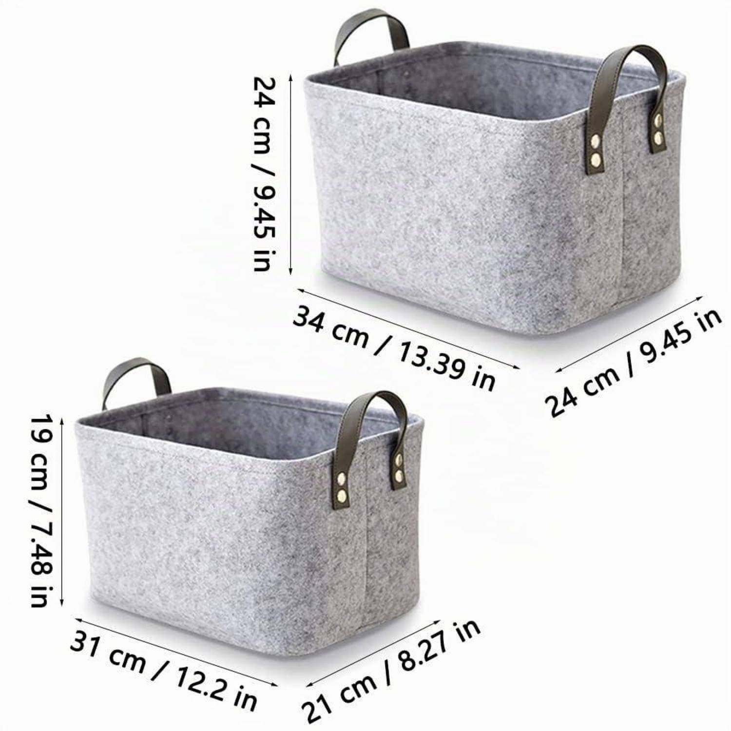Grauer Filzkorb mit Griffen, dargestellt in zwei Größen: 34 x 24 x 24 cm und 31 x 21 x 19 cm.