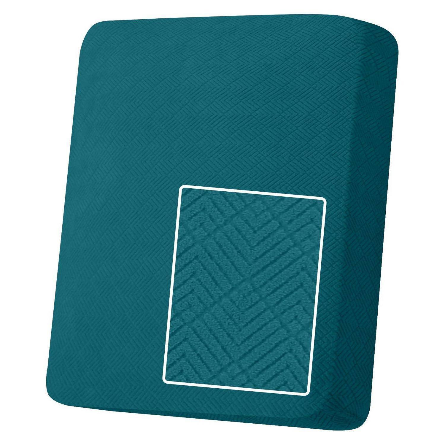 Texturierter Stofffarbmuster in Teal mit einem weiß umrandeten Rechteck, das den Materialprobenbereich hervorhebt.