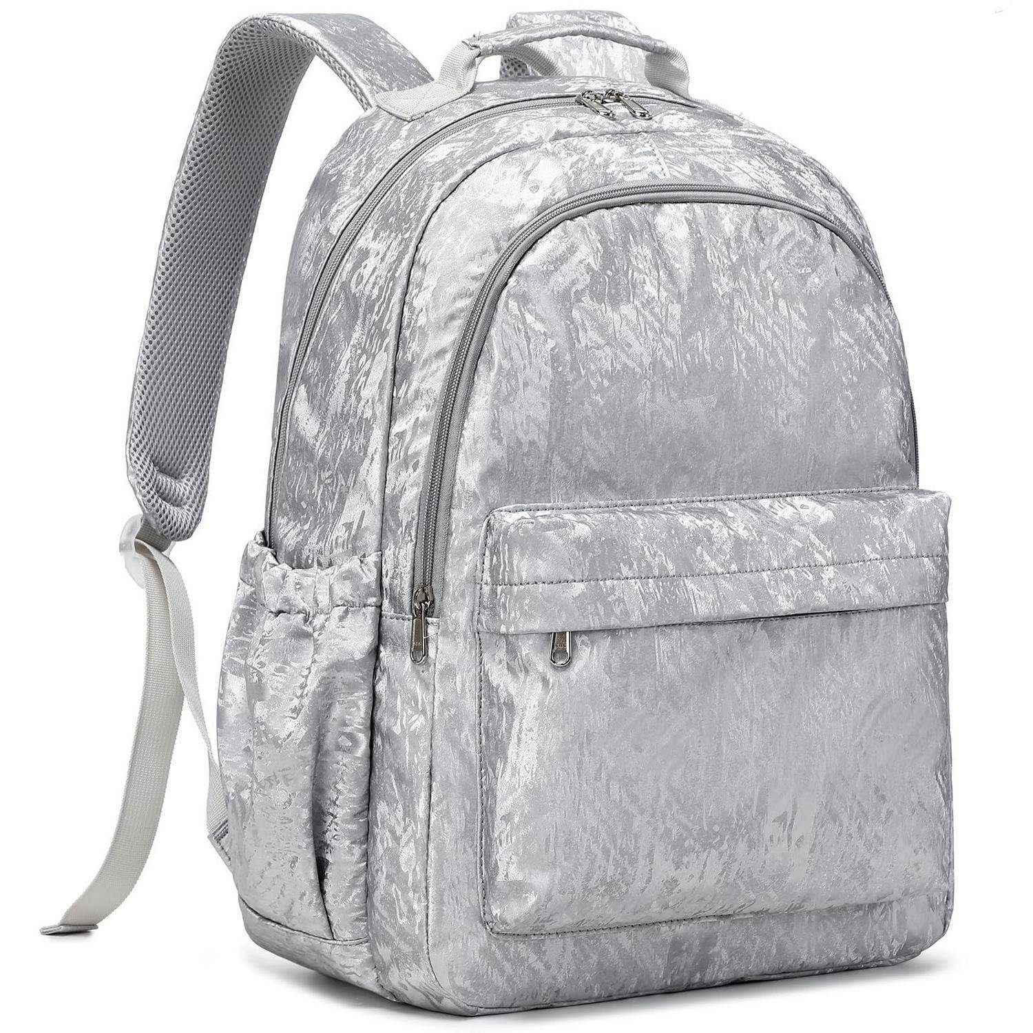 Silberner metallischer Rucksack mit vorderer Reißverschlusstasche und gepolsterten Schultergurten