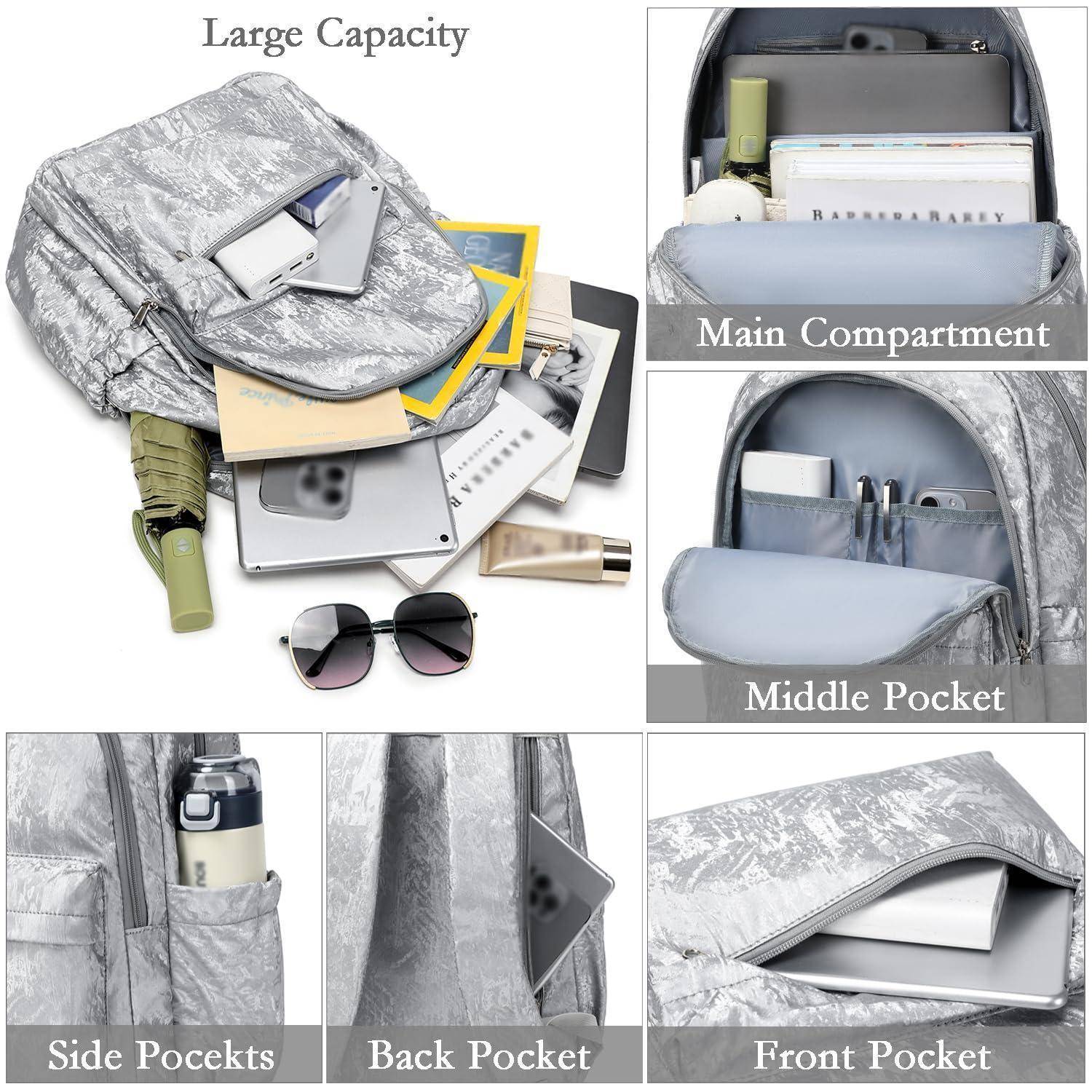 Silberner Rucksack mit großem Fassungsvermögen und mehreren Taschen: Hauptfach, Mittelfach, Seitentaschen, Rückentasche und Vordertaschen mit Tablet, Büchern und kleinen Gegenständen.