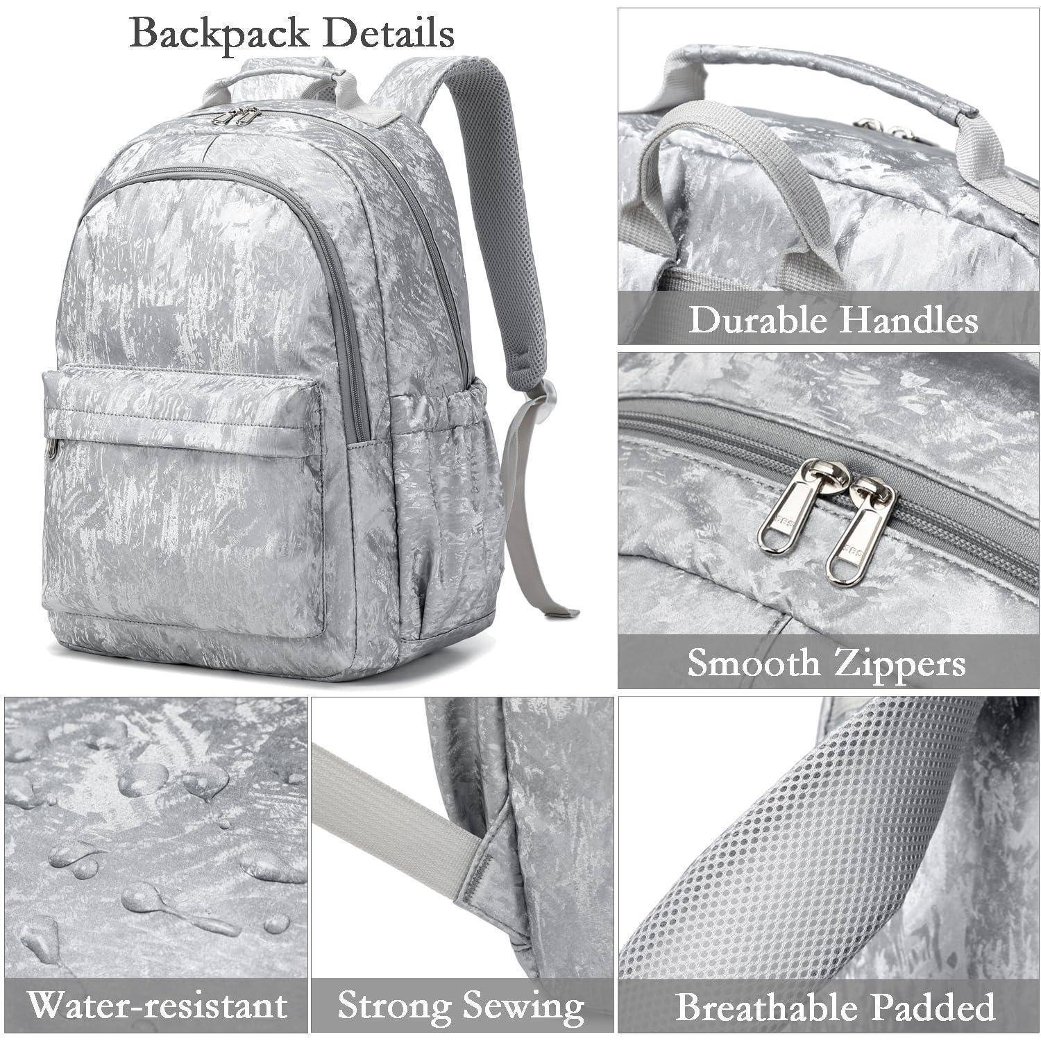 Rucksackproduktbild zeigt einen grauen Rucksack mit beschrifteten Details: haltbare Griffe, glatte Reißverschlüsse, wasserabweisendes Material, strapazierfähiges Nähen und atmungsaktive gepolsterte Riemen.