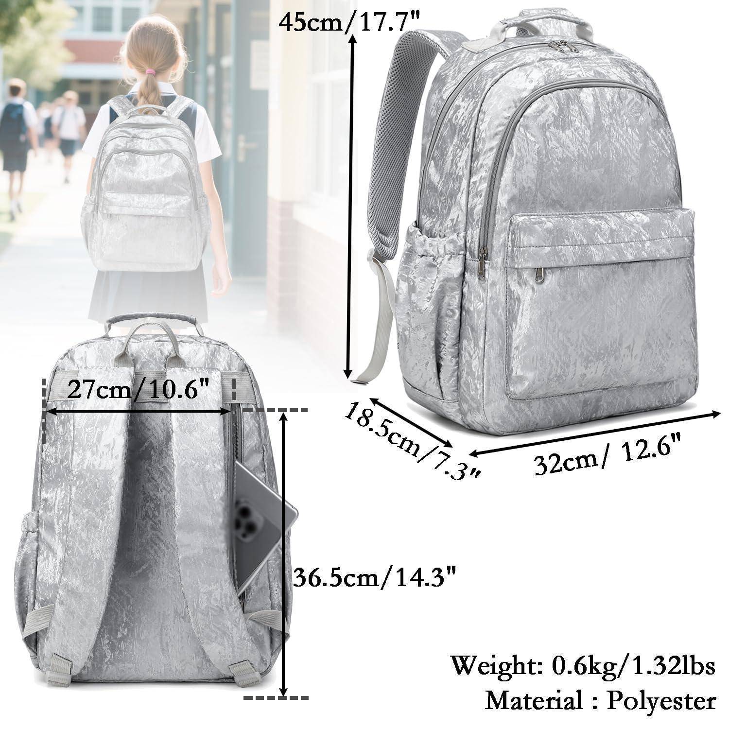 Produktbild eines silbernen Rucksacks mit Größenangaben: 45 cm hoch, 32 cm breit, 18,5 cm tief, Vordertasche 27 cm und Gewicht 0,6 kg.