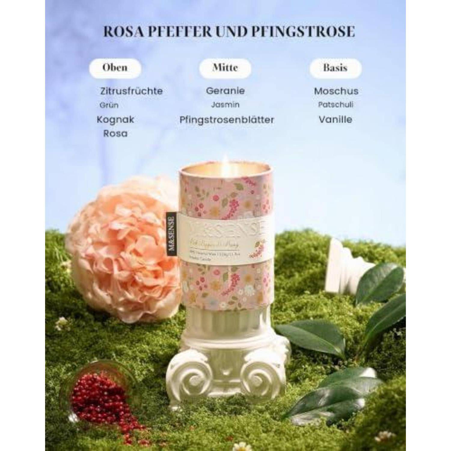 Produktkerze 'ROSA PFEFFER UND PFINGSTROSE' mit Duftnoten: oben Zitrus, grün, Kognak, Rose; Mitte Geranium, Jasmin, Pfingstrose; Basis Moschus, Patchouli, Vanille.