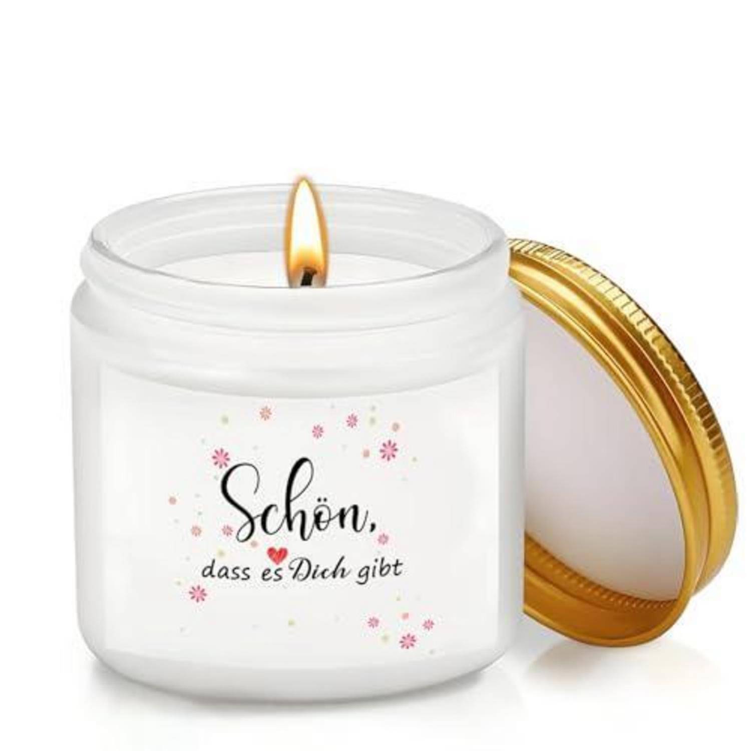 Weiße Kerze im Glas mit goldenem Deckel, beschriftet mit „Schön, dass es Dich gibt" und kleinen Blumenakzenten.