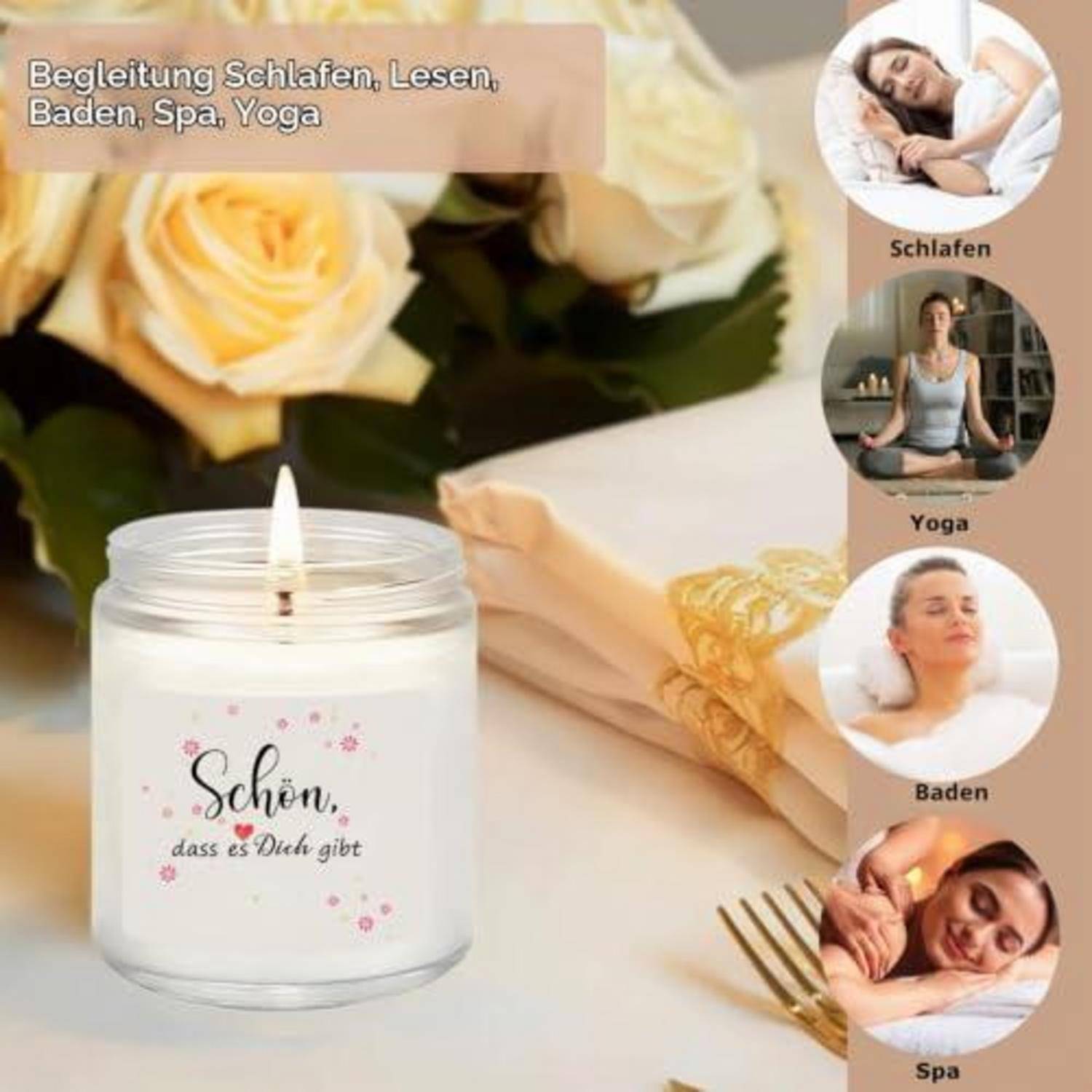 Eine duftende Kerze mit der Aufschrift „Schön, dass es Dich gibt" neben Rosen und einem Geschenk; der Text besagt, dass sie sich für Schlaf, Lesen, Baden, Spa und Yoga eignet.