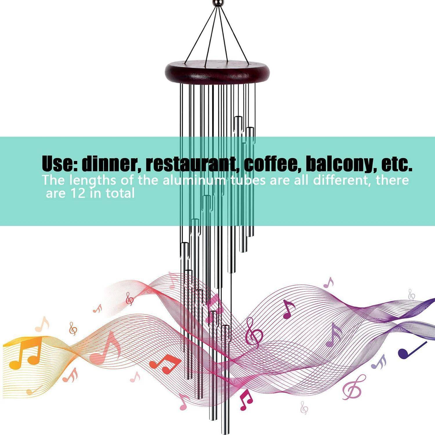 Foto eines hängenden Windklangspiels mit 12 verschiedenen Aluminiumröhren, gekennzeichnet für die Verwendung in Dinner-, Restaurant-, Kaffee- oder Balkoneinstellungen.