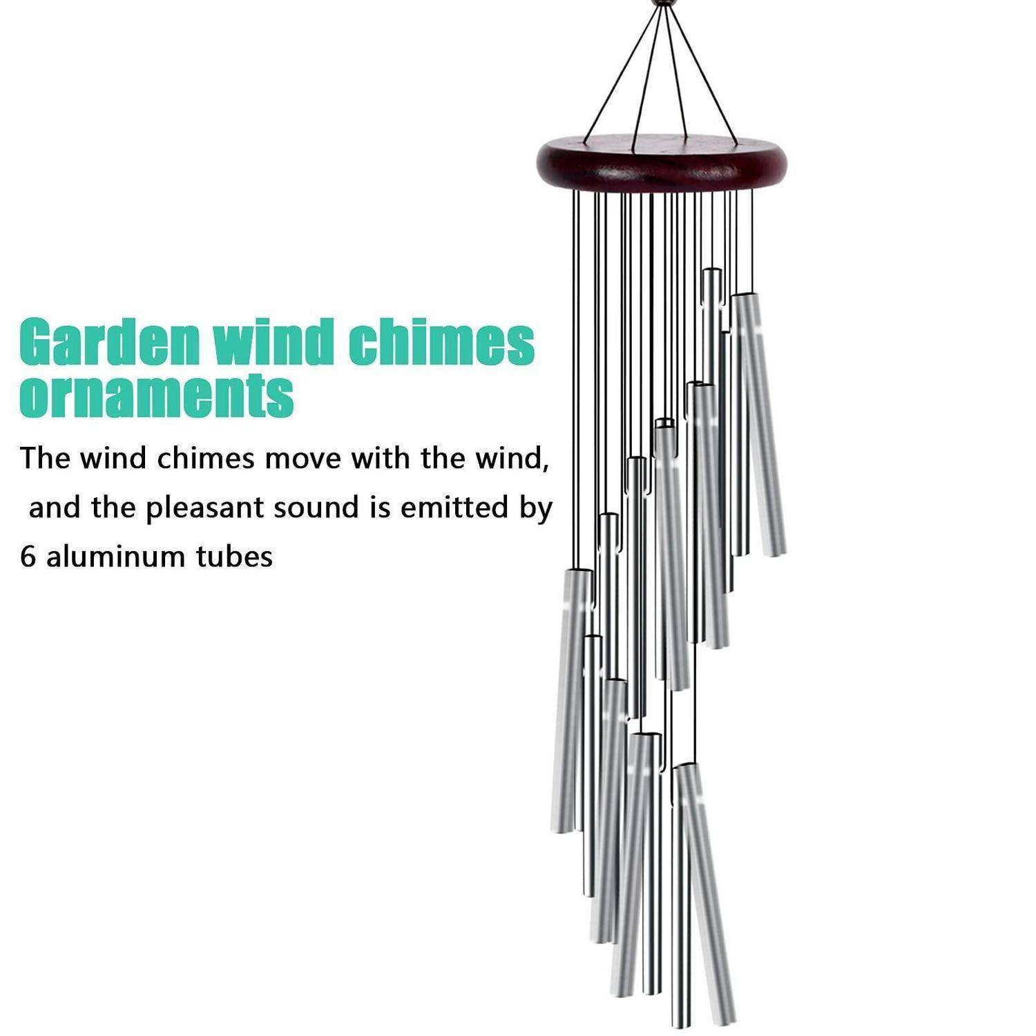 Werbebild von Garten-Windspiele-Schmuckstücken mit 6 Aluminiumröhren; der Text besagt, dass sie sich im Wind bewegen und einen angenehmen Klang erzeugen.