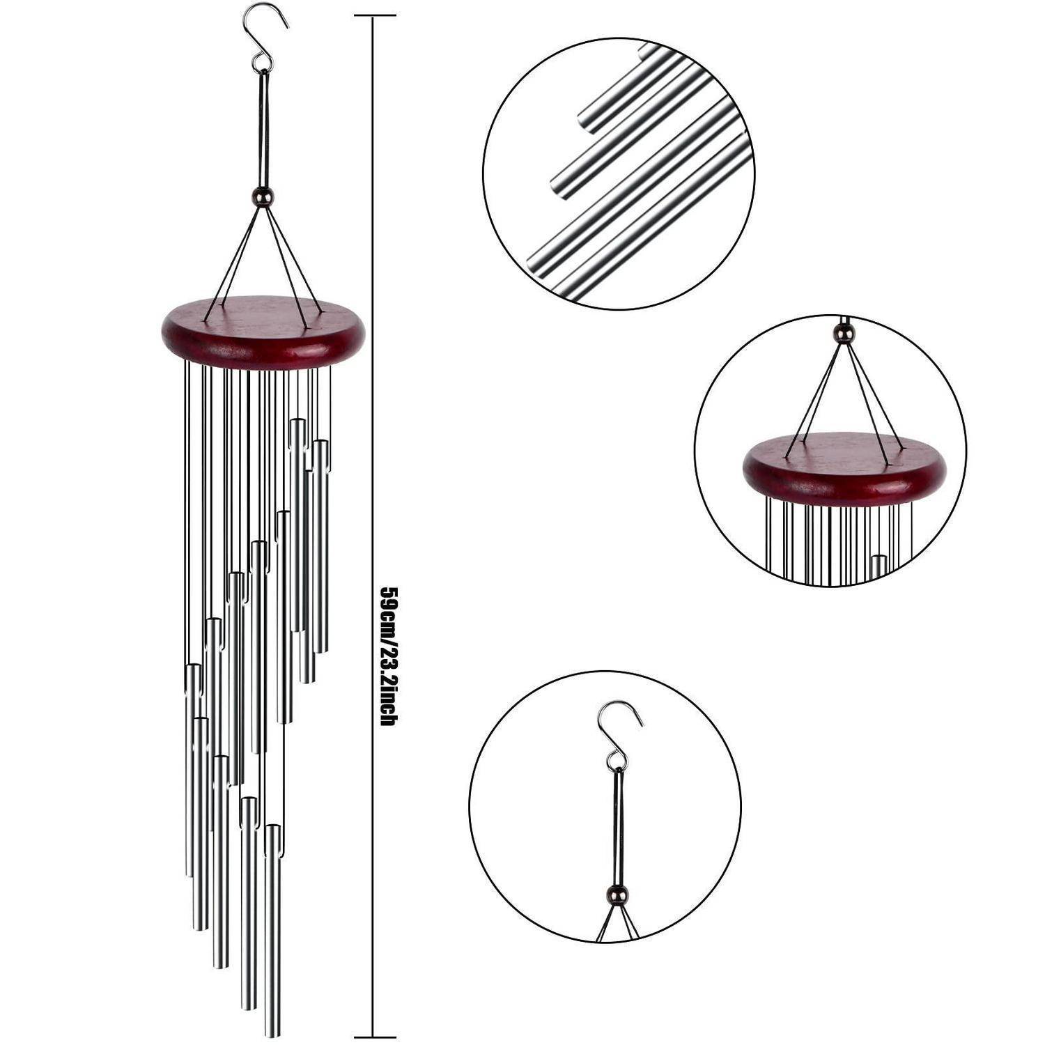 Eine hängende Metallwindspiel mit roter Oberseite, dargestellt mit Nahaufnahmen und einer Höhenangabe von 59 cm/23,2 Zoll.