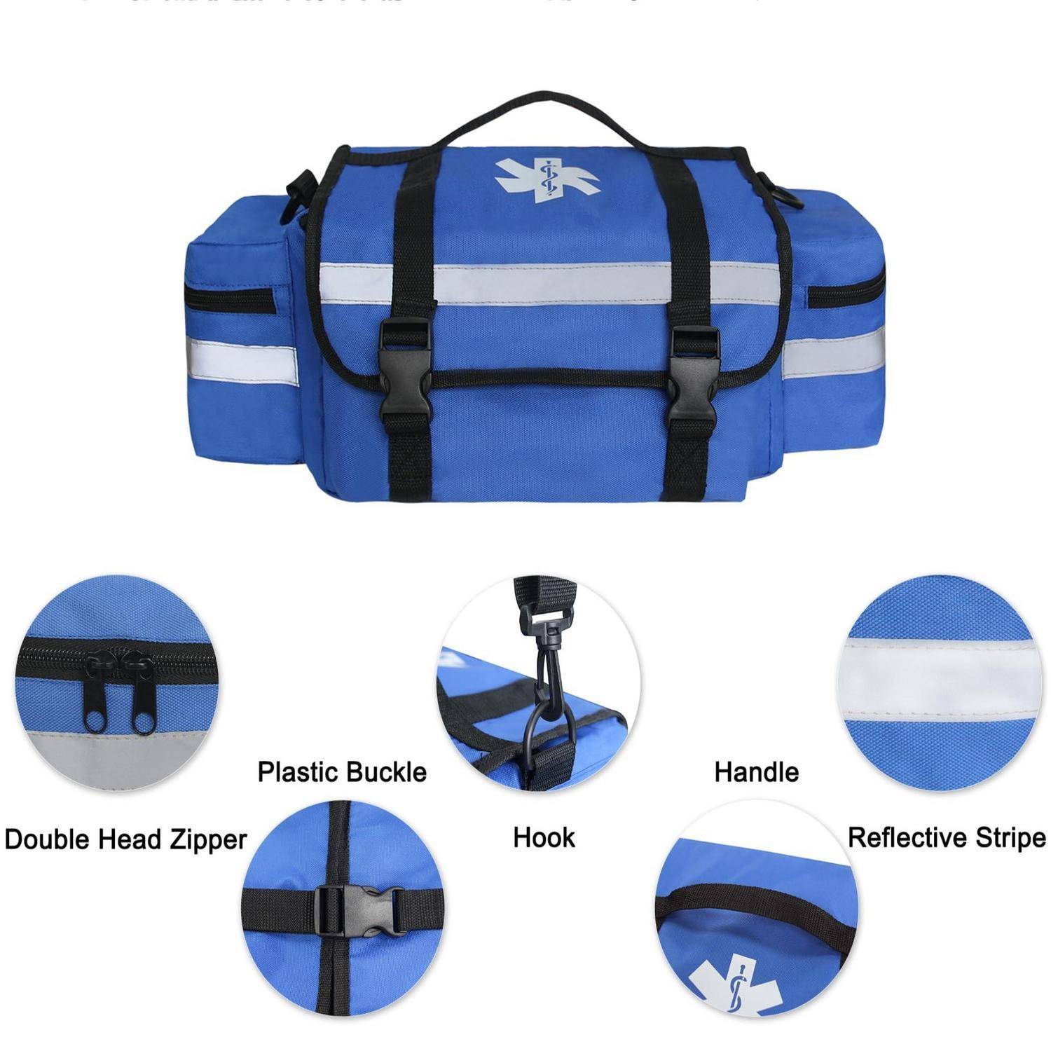 Blaue medizinische Reisetasche mit schwarzen Riemen, reflektierendem Streifen, Seitentaschen und Griff; eingefügte Bildunterschriften zeigen Details von Doppelreißverschluss, Kunststoffschnalle, Haken und reflektierendem Streifen.