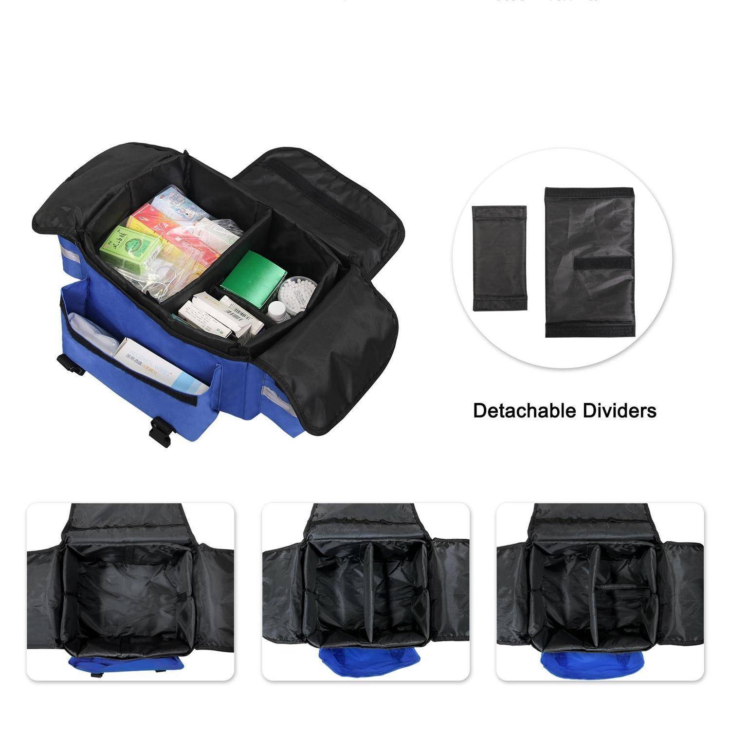 Offene schwarz-blaue Organizer-Tasche mit abnehmbaren Trennwänden und mehreren Fächern, plus eingefügte Bilder, die abnehmbare Trennpaneele und das Fachaufteilungslayout zeigen.