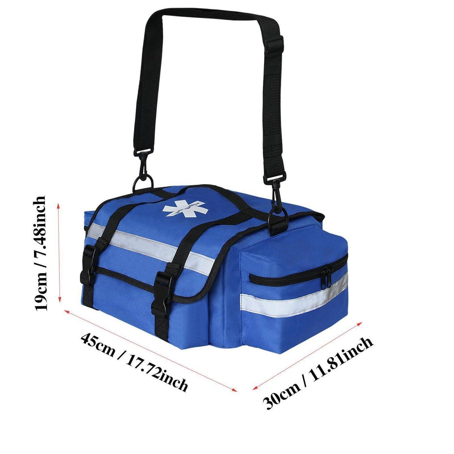 Blaue medizinische Transporttasche mit Schultergurt, gezeigt mit Abmessungen 45 cm x 30 cm x 19 cm.