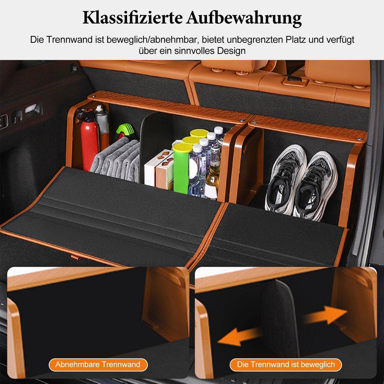 Autokofferraum-Lagersystem mit beweglicher, abnehmbarer Trennwand; Fächer für Feuerlöscher, Reinigungsmittel, Flaschen und Schuhe.