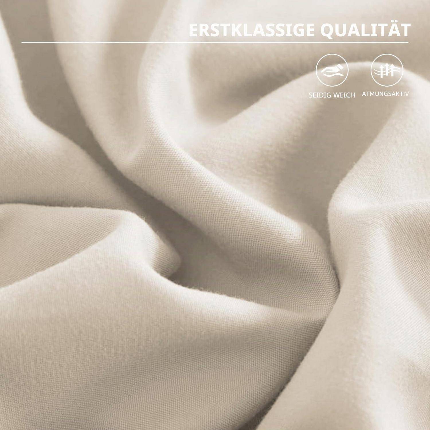 Nahaufnahme von beigem Stoff mit dem Text „ERSTKLASSIGE QUALITÄT