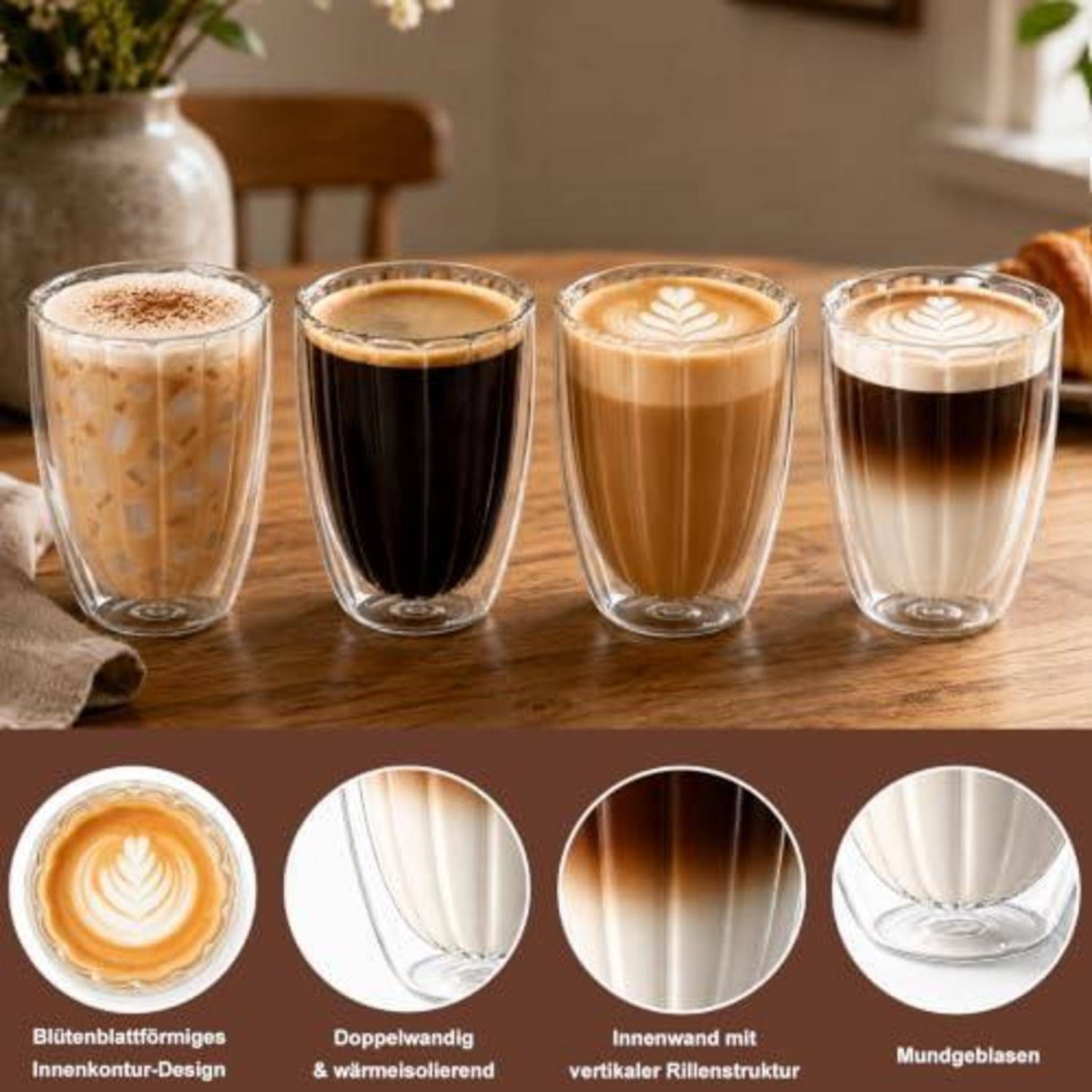 Vier doppelwandige Glaskaffegetränke auf einem Holztisch, mit eingefügten Nahaufnahmen, die die geschichtete Glaskonstruktion und deutsche Beschriftungen zum Design zeigen.