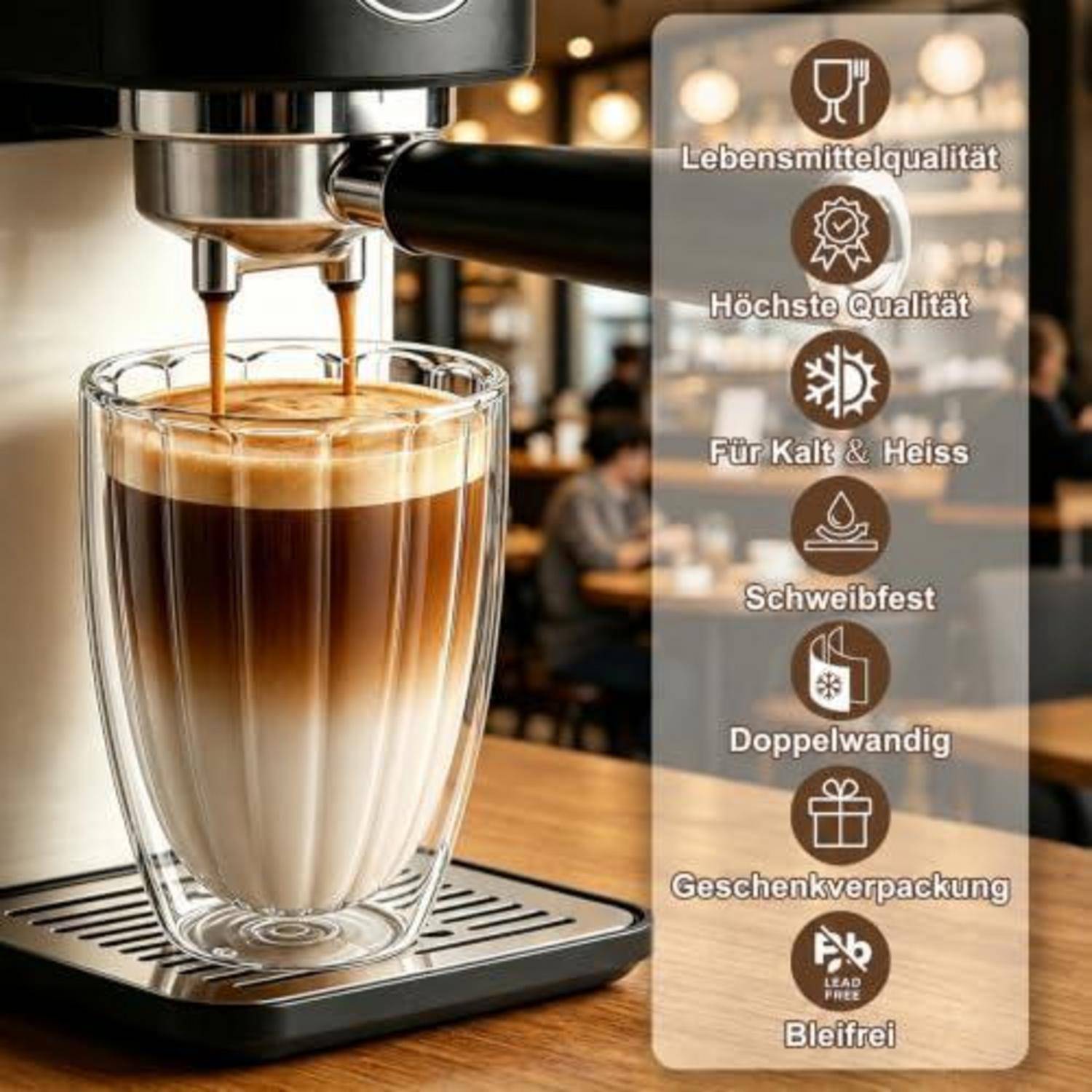 Espresso wird in eine doppelwandige Glastasse gegossen; das Seitenpanel listet deutsche Merkmale auf: lebensmittelecht, hohe Qualität, für heiß und kalt, schwimmend, doppelwandig, Geschenkverpackung, bleifrei.
