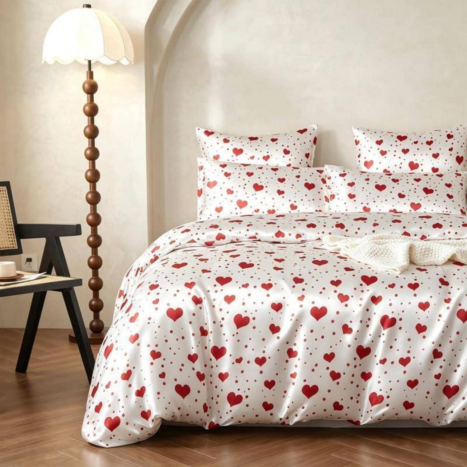 Ein gemütliches Bett mit weißer Bettwäsche bedeckt mit roten Herzen, Kissen und einem gefalteten Handtuch in einem sanft beleuchteten Schlafzimmer neben einer Stehleuchte.