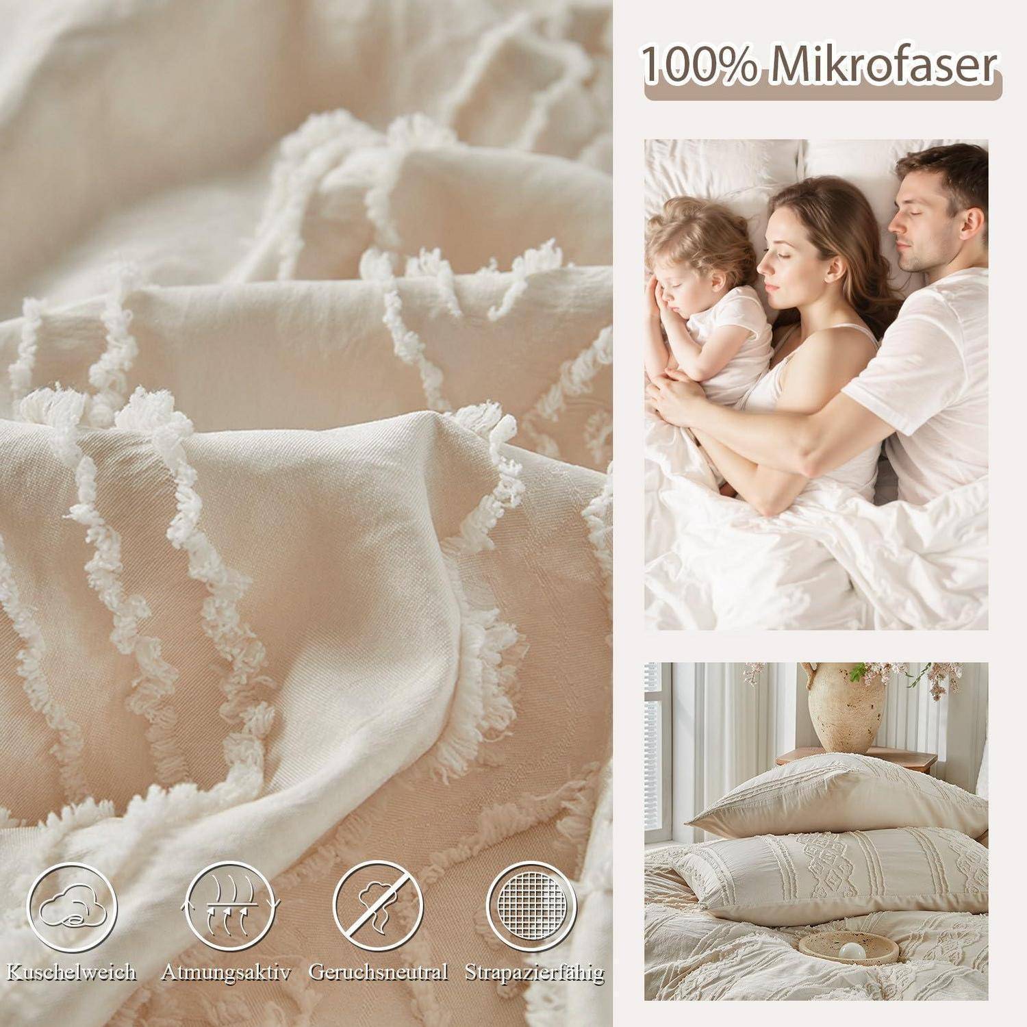 Werbebild für '100% Mikrofaser' Bettwäsche mit weichem cremefarbenem Stoff, einer schlafenden Familie und ordentlich gemachten Kissen mit Symbolen, die Komfort, Atmungsaktivität, Geruchsneutralität und Langlebigkeit hervorheben.