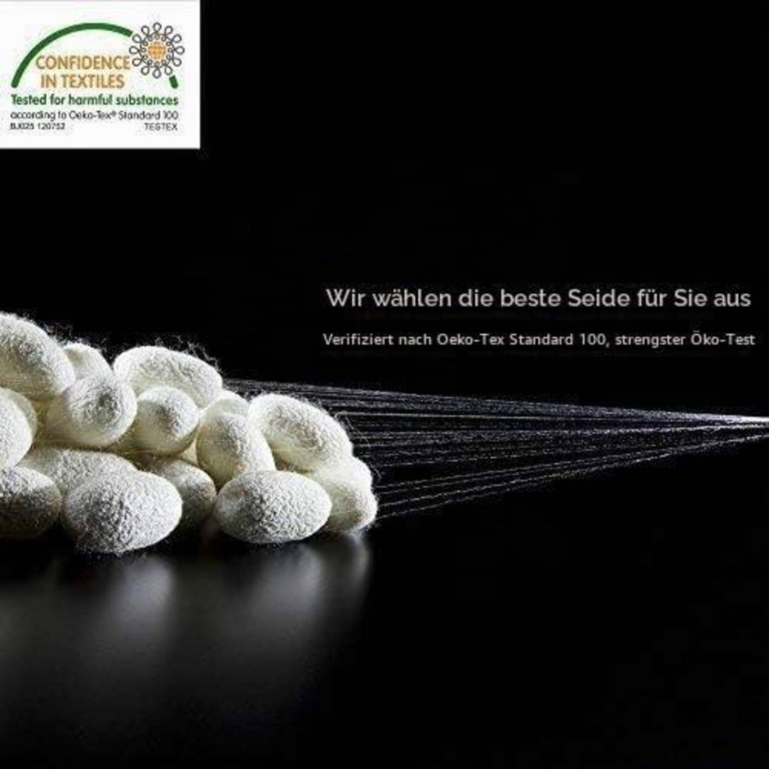 Anzeige für Seidenfasern mit deutschem Text: „Wir wählen die beste Seide für Sie aus" und Oeko-Tex zertifiziertes „Confidence in Textiles""-Siegel.