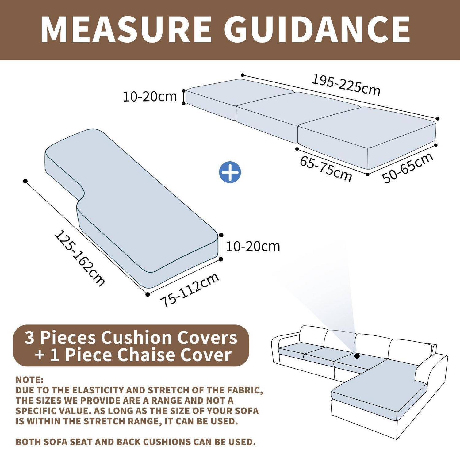# Diagramm zur Größenübersicht für Sofabezüge: 3 Kissenbezüge plus 1 Chaiselongue-Bezug mit gemessenen Bereichen für Sitz- und Chaiselongue-Abschnitte und Hinweis, dass dehnbarer Stoff mehrere Größen passt.