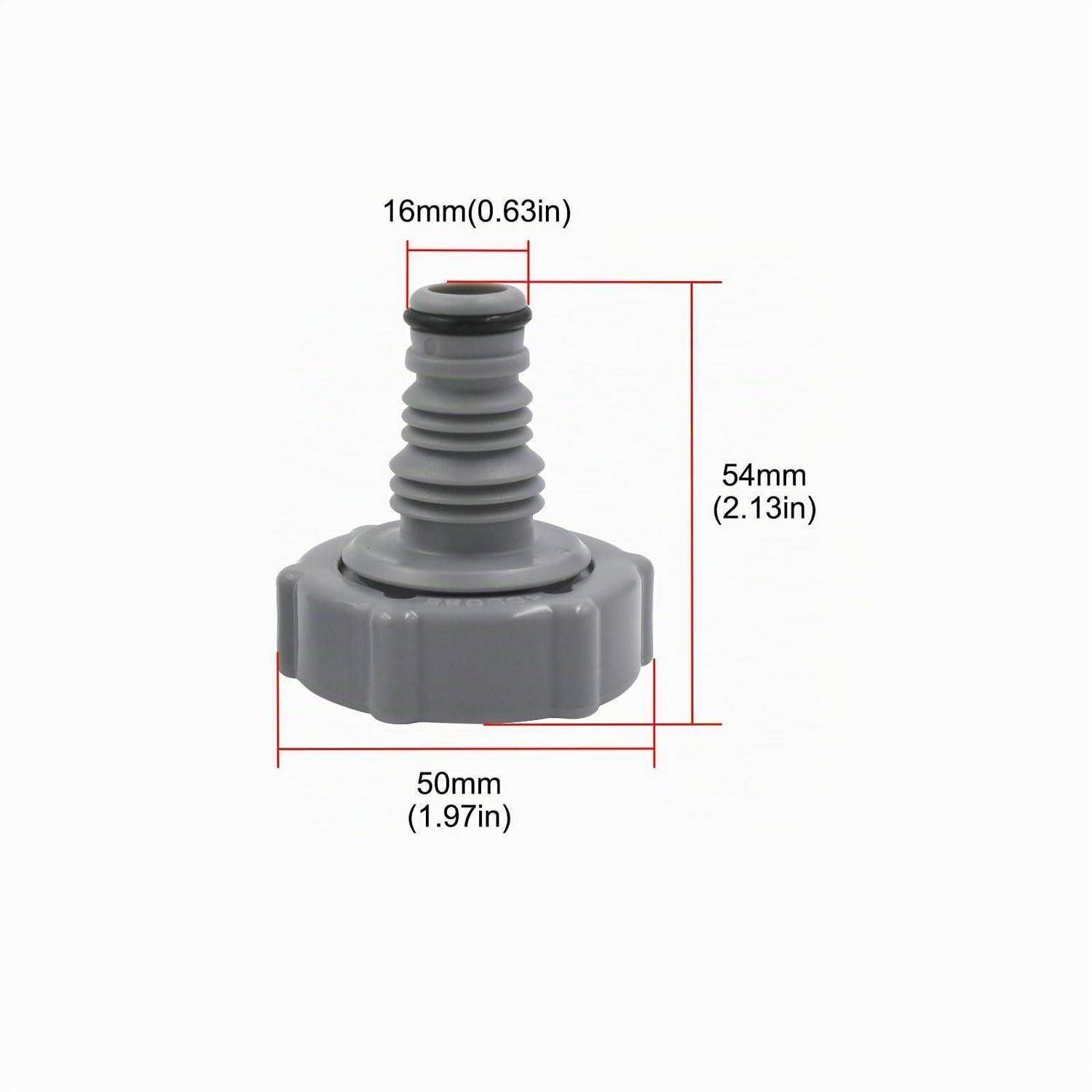 Grauer Kunststoffknopf oder -stöpsel mit Gewinde und Maßangaben: 16 mm obere Breite, 54 mm Höhe, 50 mm Basisbreite.